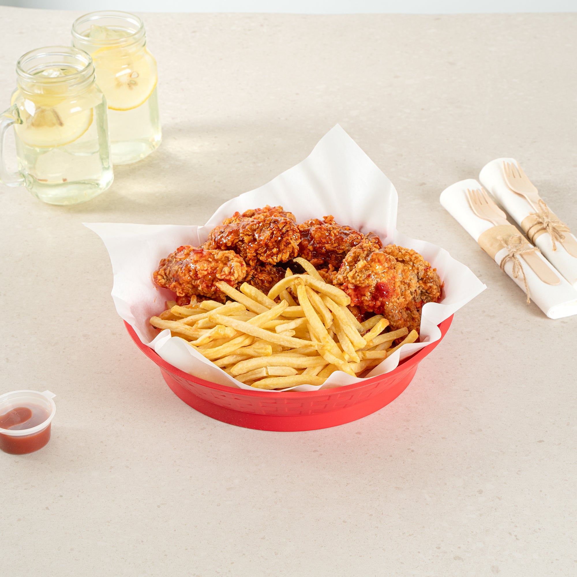 Chef 101 Round Red Plastic Diner Platter - with Base - 10 1/2" x 10 1/2" x 2 1/4" - 100 count box