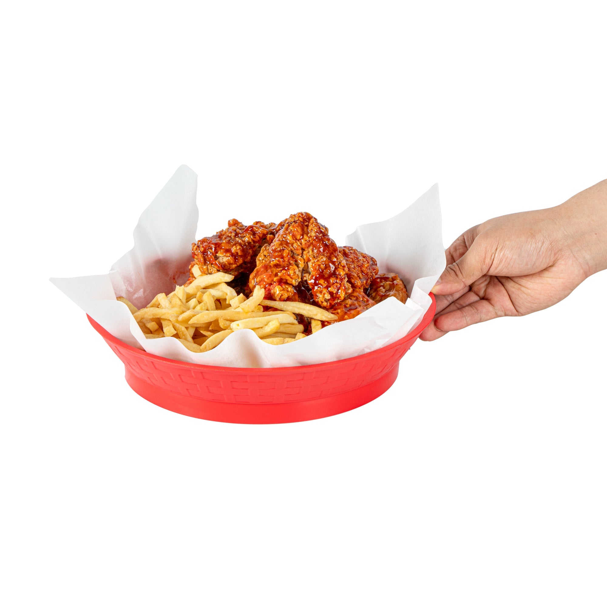Chef 101 Round Red Plastic Diner Platter - with Base - 10 1/2" x 10 1/2" x 2 1/4" - 100 count box