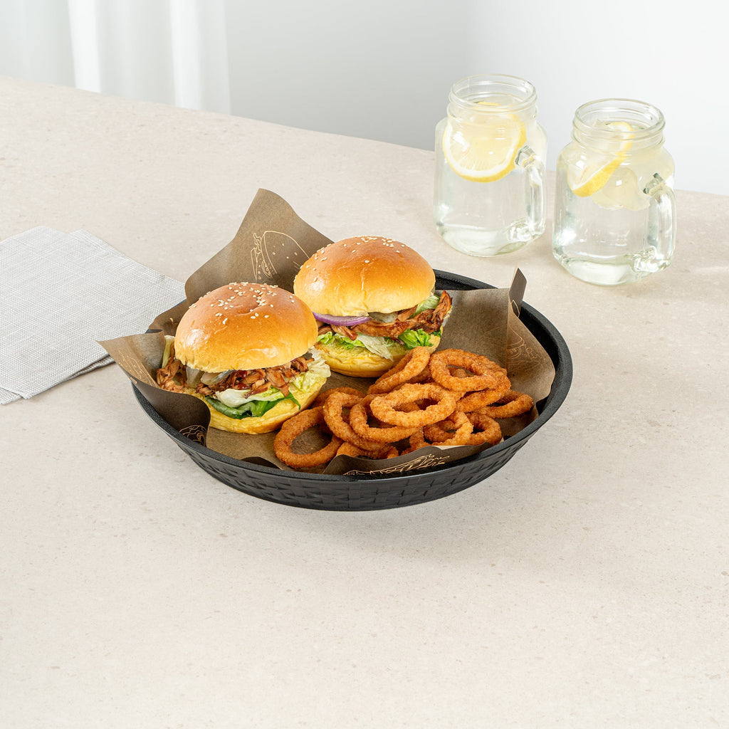 Chef 101 Round Black Plastic Diner Platter - 12" x 12" x 1 3/4" - 100 count box