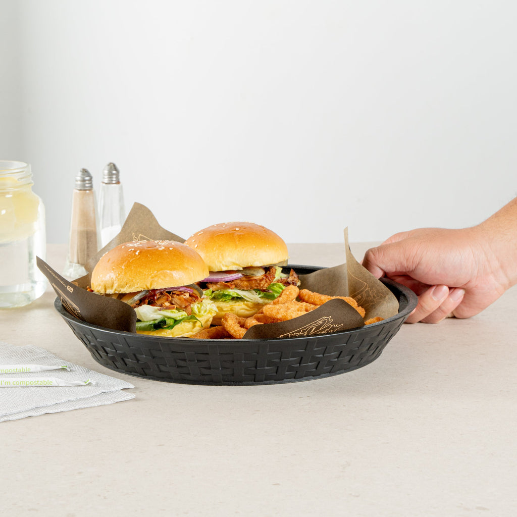 Chef 101 Round Black Plastic Diner Platter - 12" x 12" x 1 3/4" - 100 count box