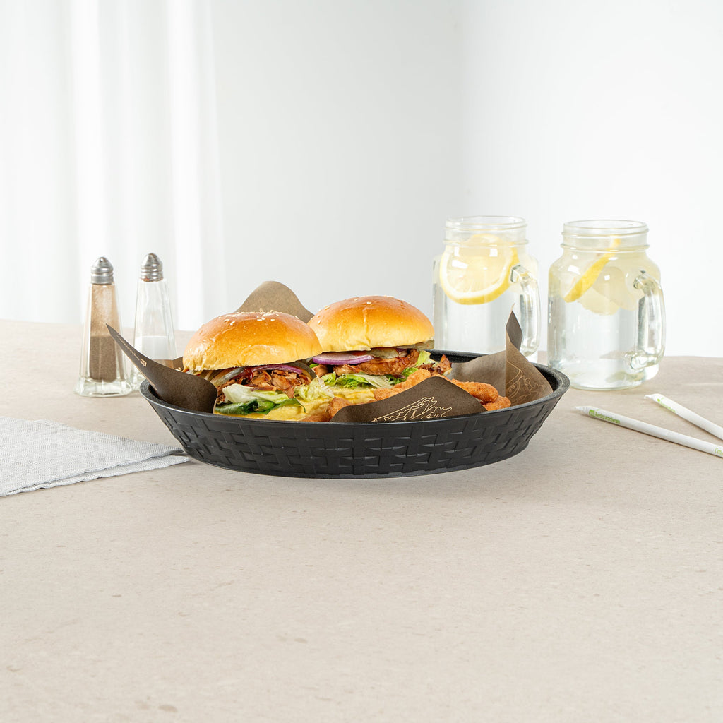 Chef 101 Round Black Plastic Diner Platter - 12" x 12" x 1 3/4" - 100 count box