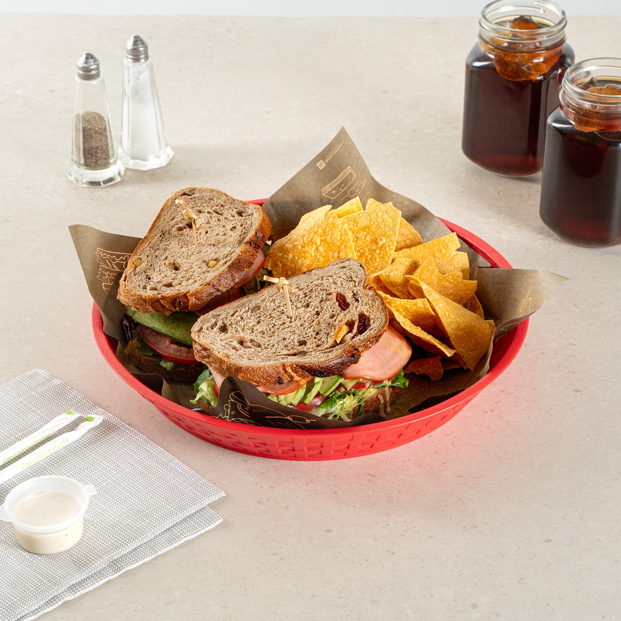 Chef 101 Round Red Plastic Diner Platter - 12" x 12" x 1 3/4" - 100 count box