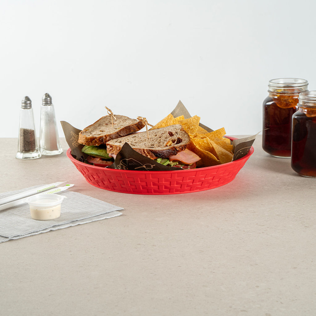 Chef 101 Round Red Plastic Diner Platter - 12" x 12" x 1 3/4" - 100 count box