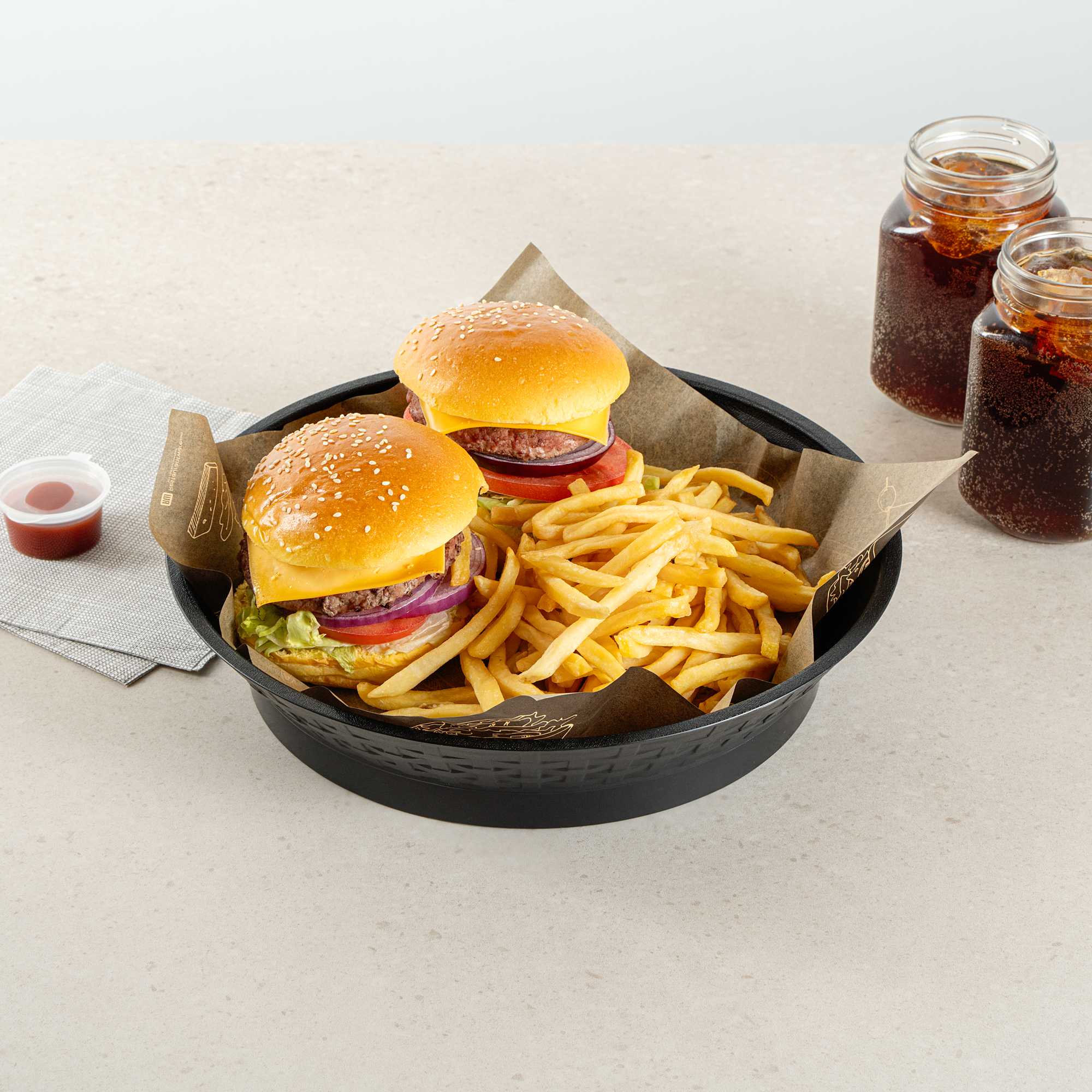 Chef 101 Round Black Plastic Diner Platter - with Base - 12" x 12" x 2 1/4" - 10 count box