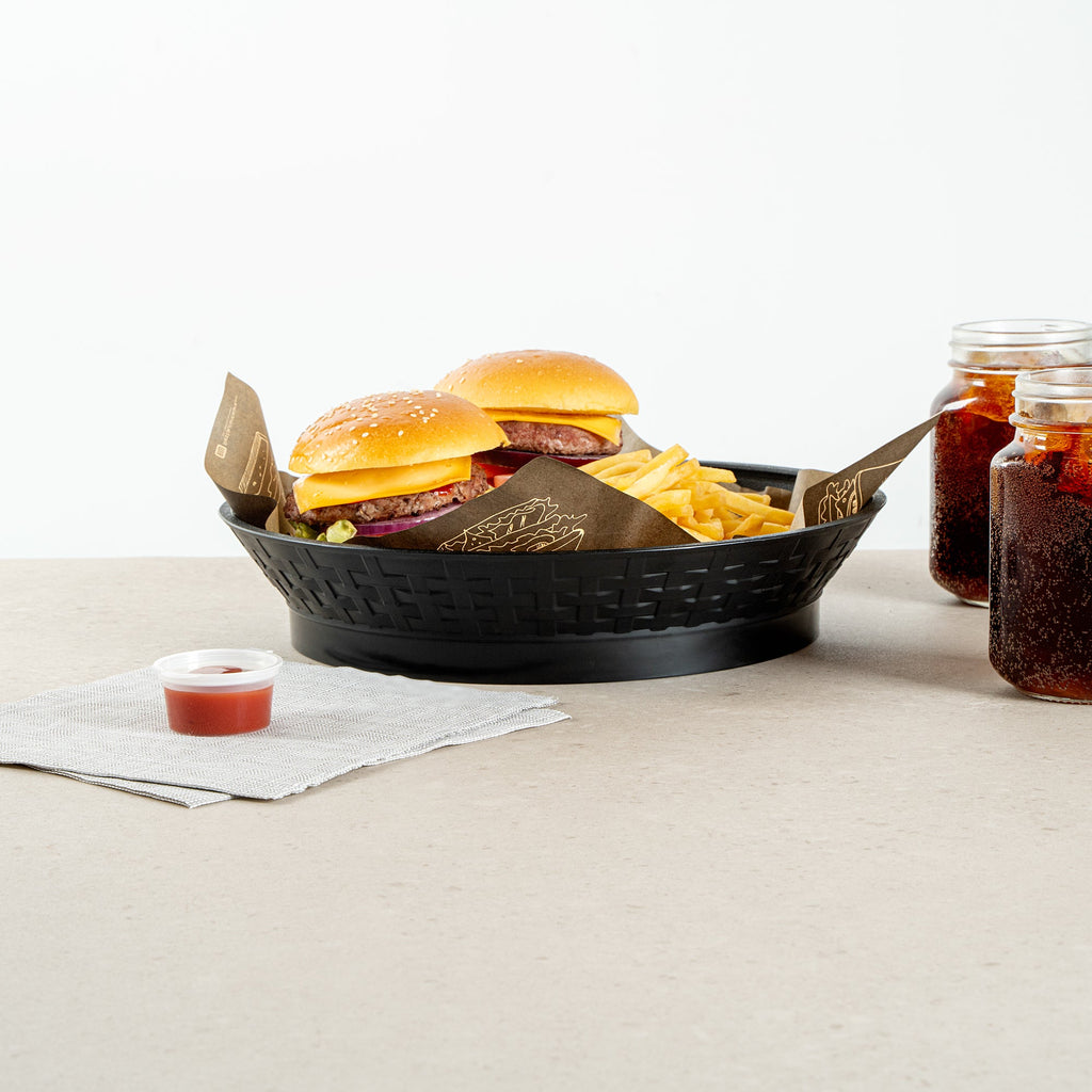 Chef 101 Round Black Plastic Diner Platter - with Base - 12" x 12" x 2 1/4" - 100 count box