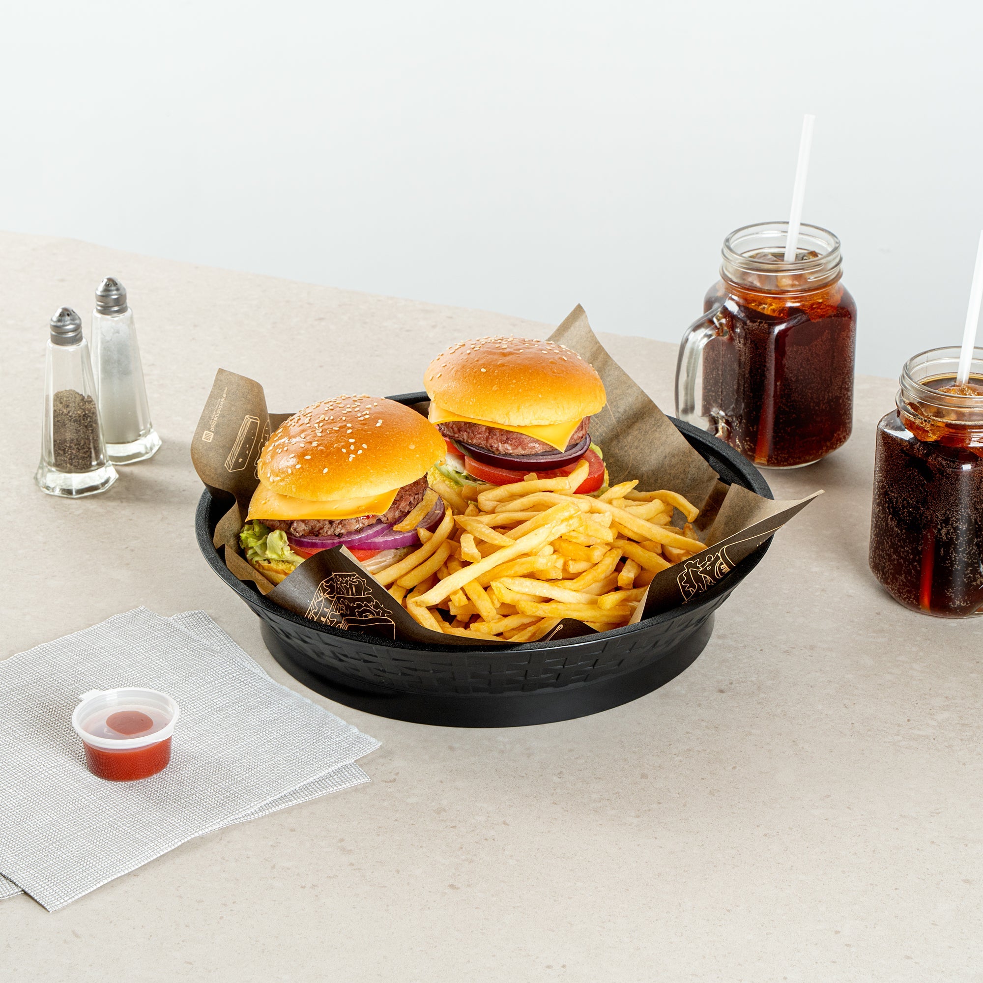 Chef 101 Round Black Plastic Diner Platter - with Base - 12" x 12" x 2 1/4" - 100 count box