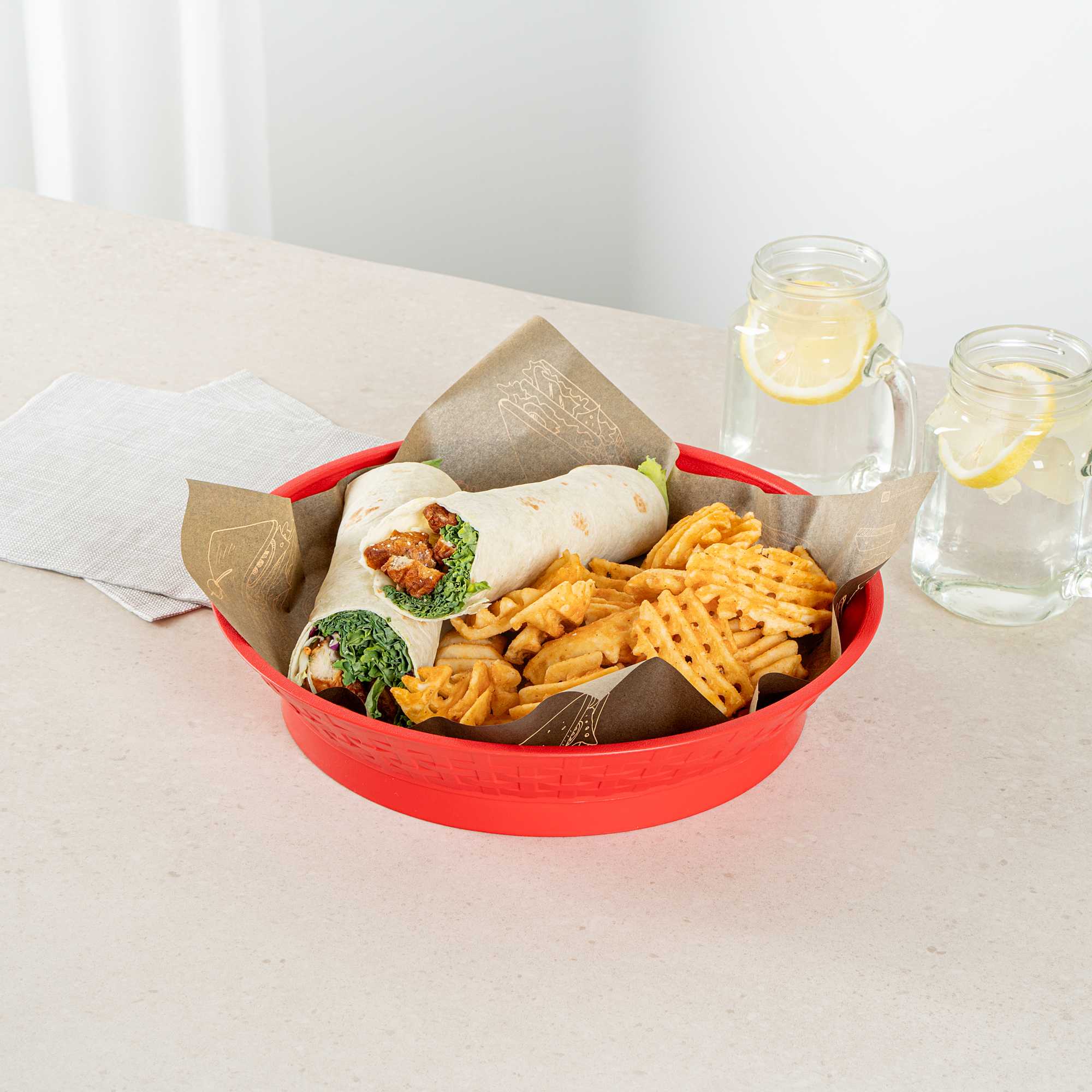 Chef 101 Round Red Plastic Diner Platter - with Base - 12" x 12" x 2 1/4" - 10 count box