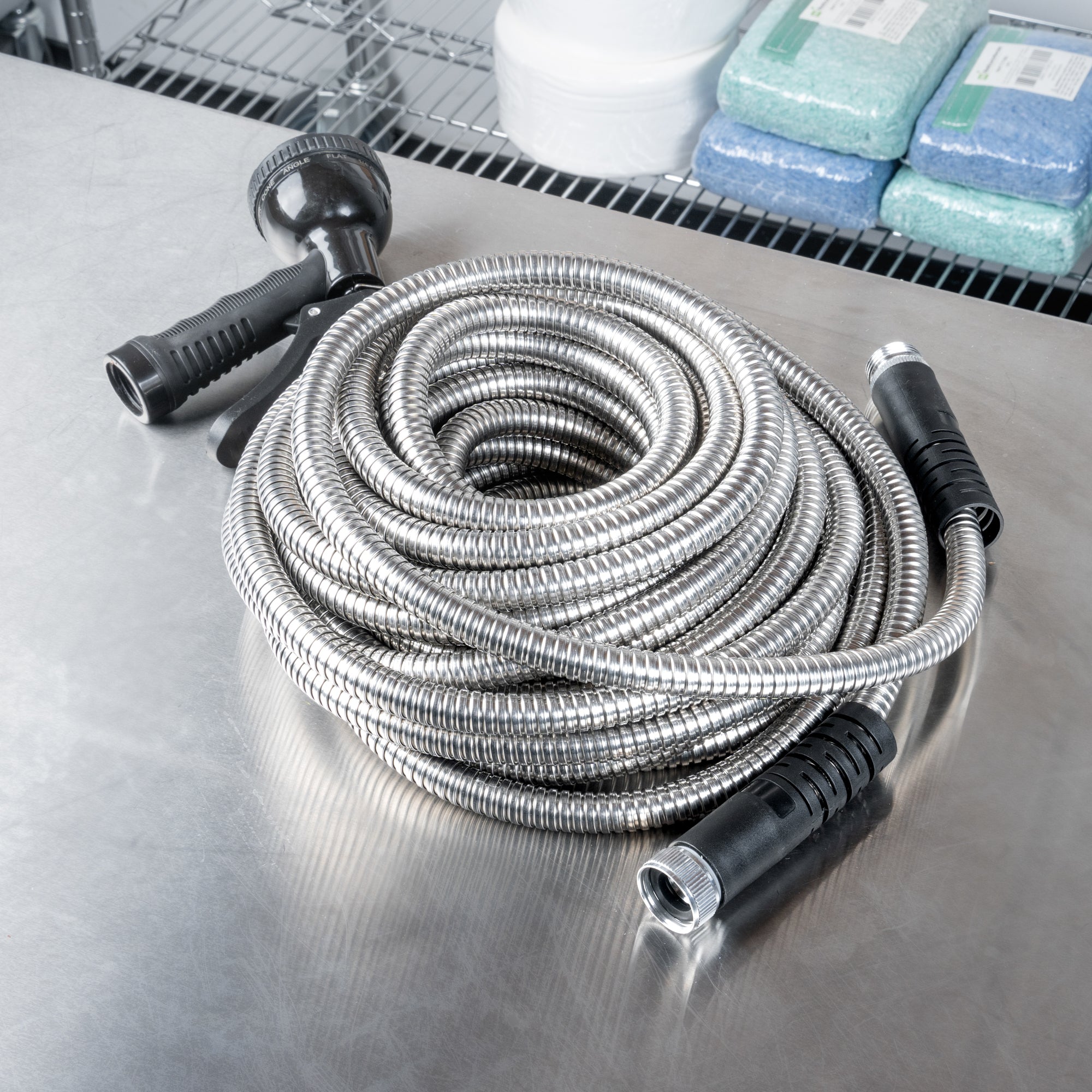 Handy Tek Stainless Steel Garden Hose - Heavy-Duty, Flexible, with 10 Function Nozzle - 50' - 1 count box