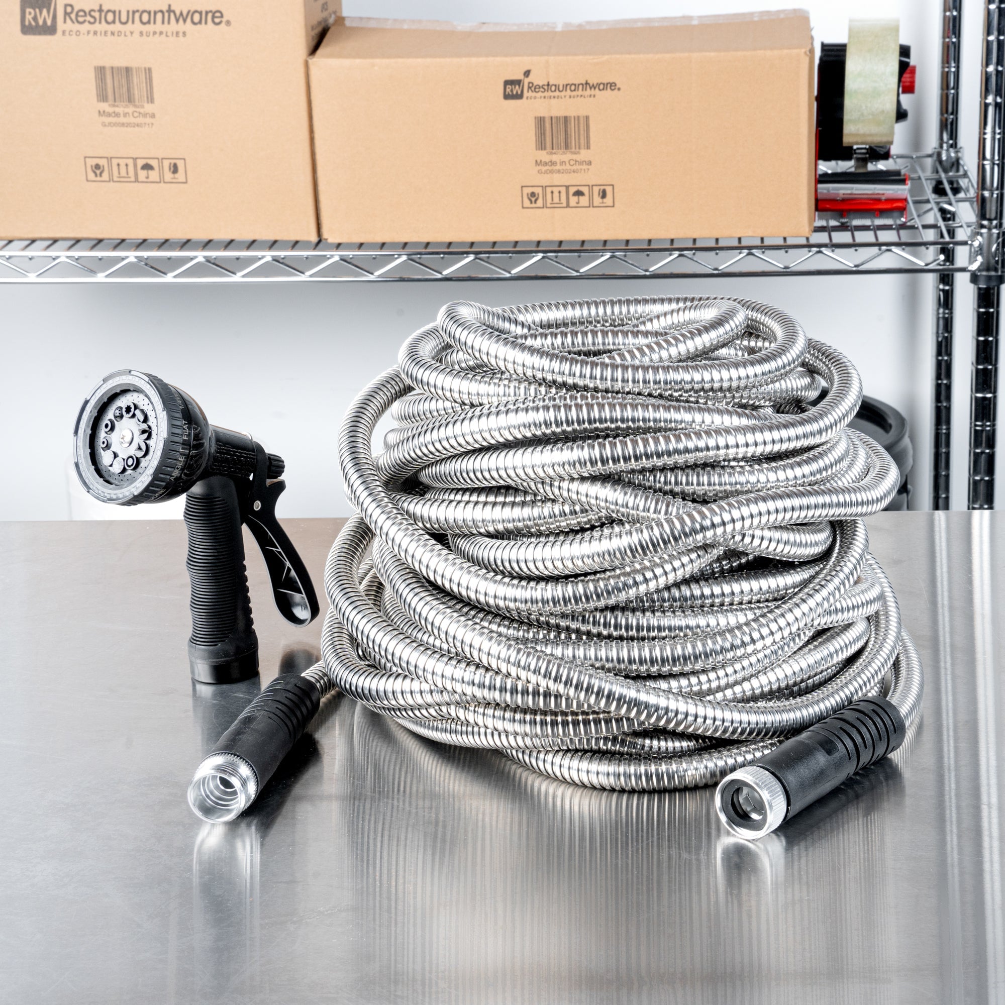 Handy Tek Stainless Steel Garden Hose - Heavy-Duty, Flexible, with 10 Function Nozzle - 100' - 1 count box