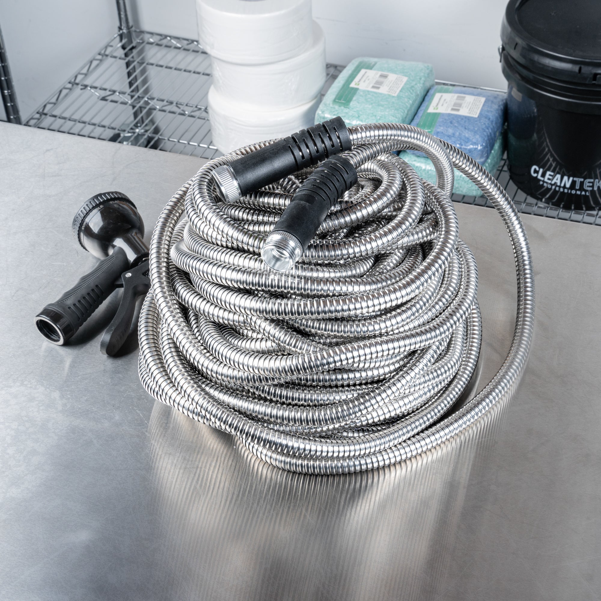 Handy Tek Stainless Steel Garden Hose - Heavy-Duty, Flexible, with 10 Function Nozzle - 100' - 1 count box