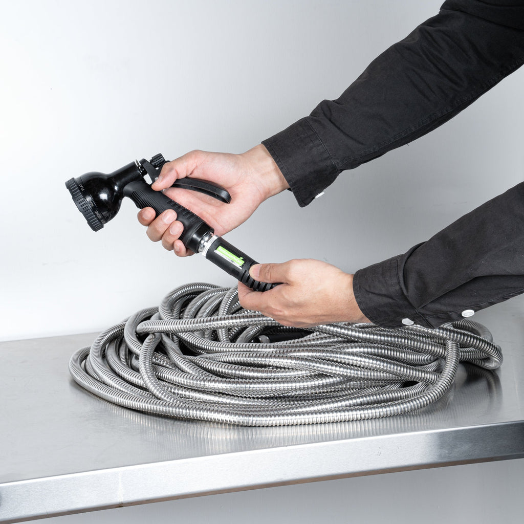 Handy Tek Stainless Steel Garden Hose - Heavy-Duty, Flexible, with 10 Function Nozzle - 100' - 1 count box
