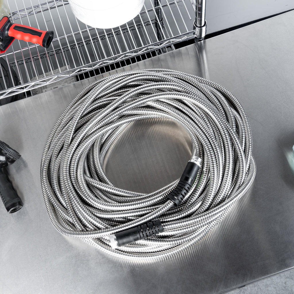 Handy Tek Stainless Steel Garden Hose - Heavy-Duty, Flexible, with 10 Function Nozzle - 100' - 1 count box