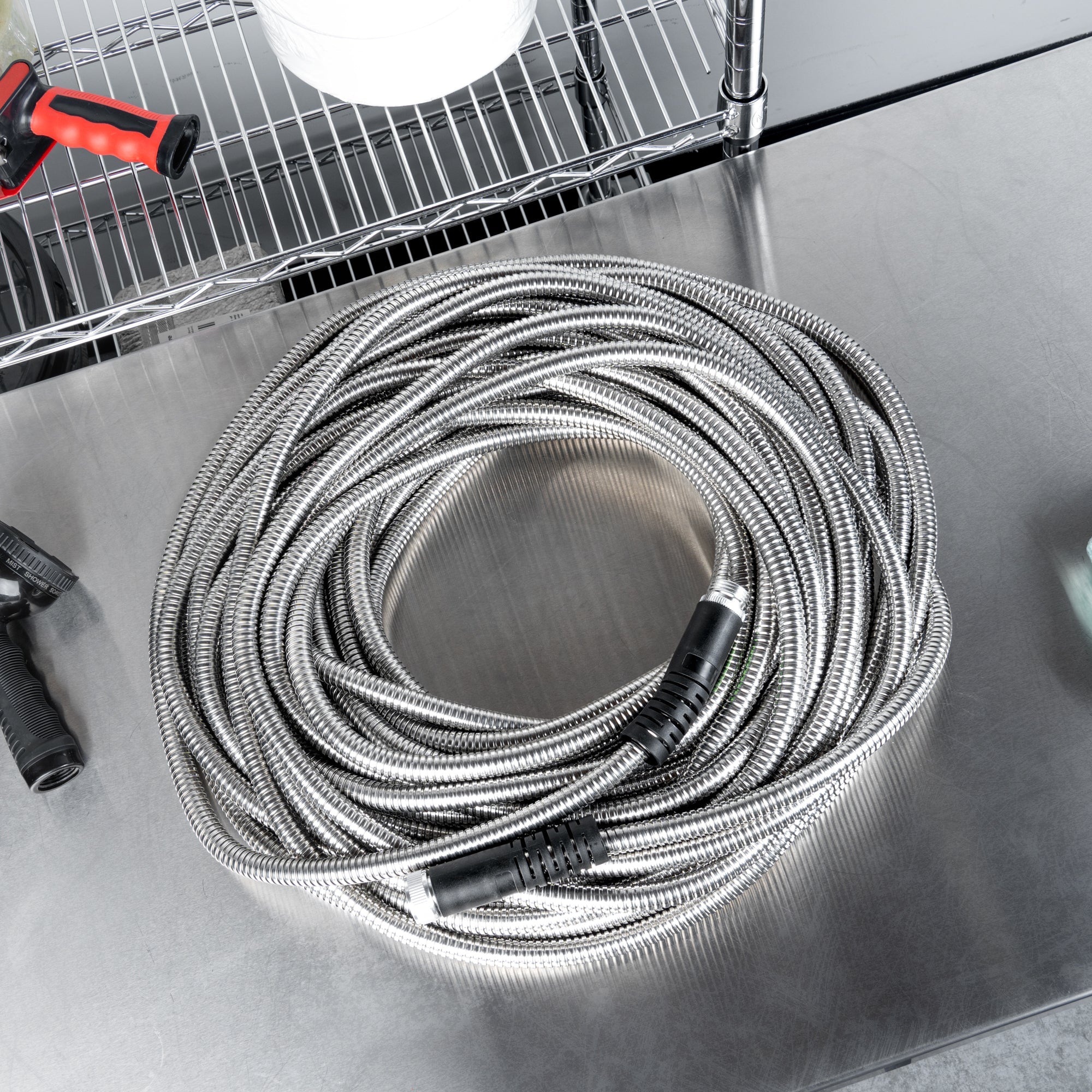 Handy Tek Stainless Steel Garden Hose - Heavy-Duty, Flexible, with 10 Function Nozzle - 100' - 1 count box