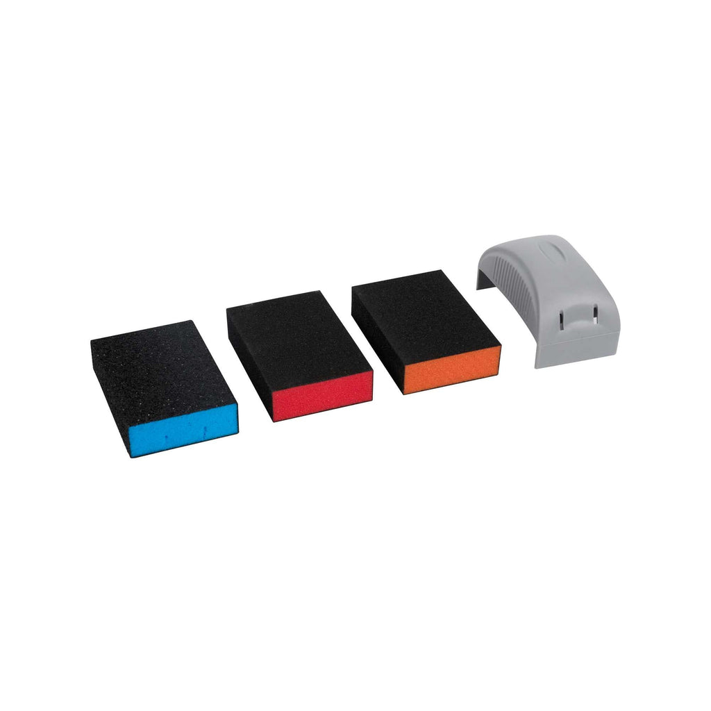 Handy Tek Assorted Grit Sanding Sponge Set - 4-Piece, Flat Edges, with Handle - 4 1/4" x 2 3/4" x 4 1/2" - 1 count box