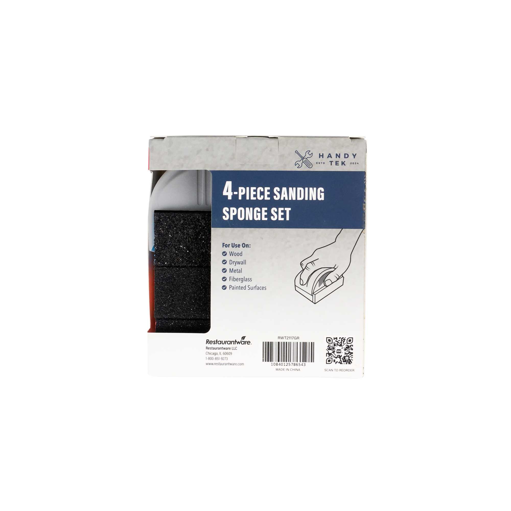 Handy Tek Assorted Grit Sanding Sponge Set - 4-Piece, Flat Edges, with Handle - 4 1/4" x 2 3/4" x 4 1/2" - 36 count box
