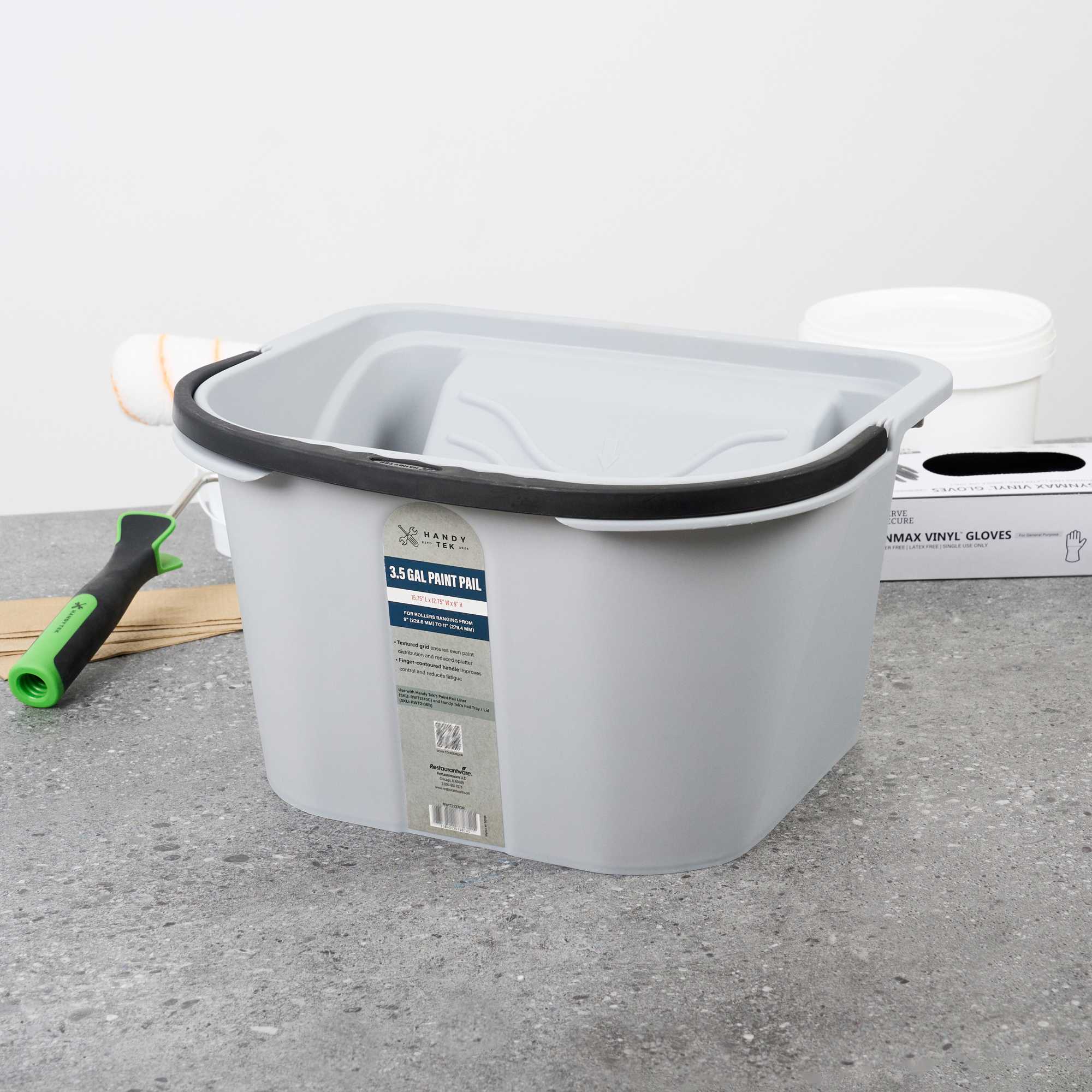 Handy Tek 3.5 gal Gray Plastic Paint Pail - 15 3/4" x 12 3/4" x 9" - 12 count box