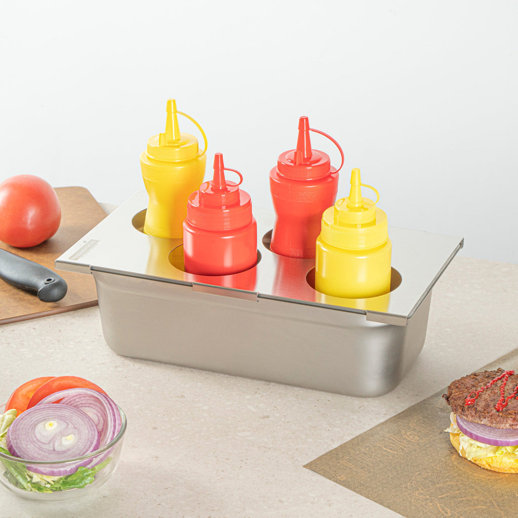 Met Lux Four Hole Stainless Steel Squeeze Bottle Holder Top - Fits 1/3 Size Pans - 12 3/4" x 7" - 1 count box