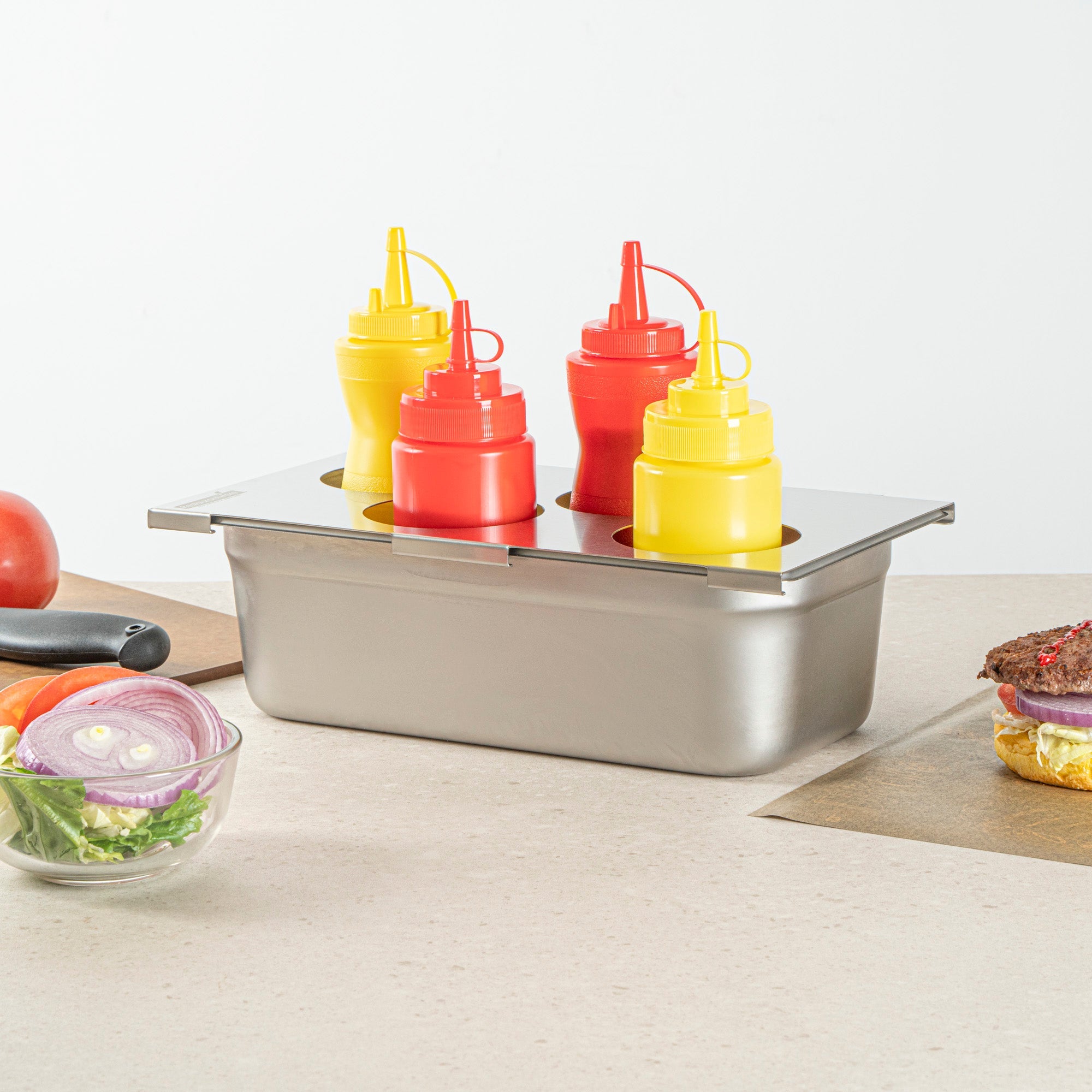 Met Lux Four Hole Stainless Steel Squeeze Bottle Holder Top - Fits 1/3 Size Pans - 12 3/4" x 7" - 1 count box