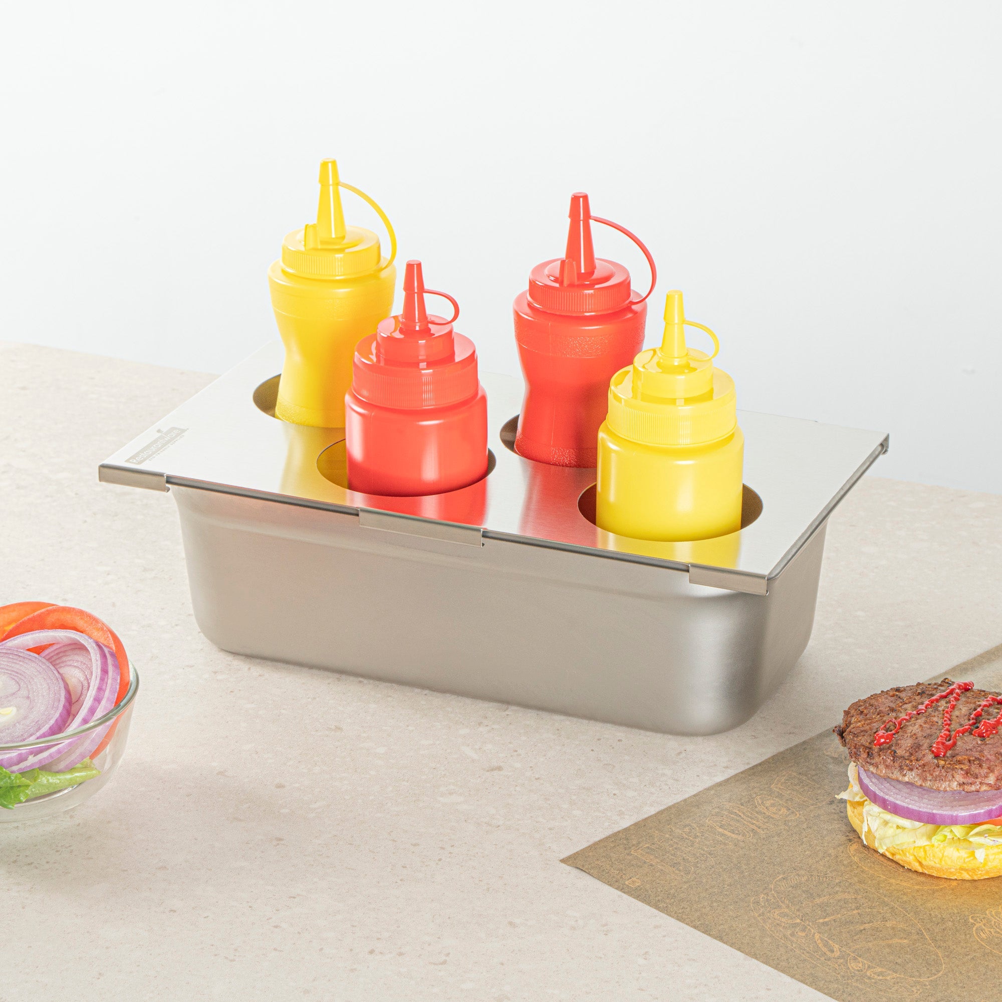 Met Lux Four Hole Stainless Steel Squeeze Bottle Holder Top - Fits 1/3 Size Pans - 12 3/4" x 7" - 1 count box