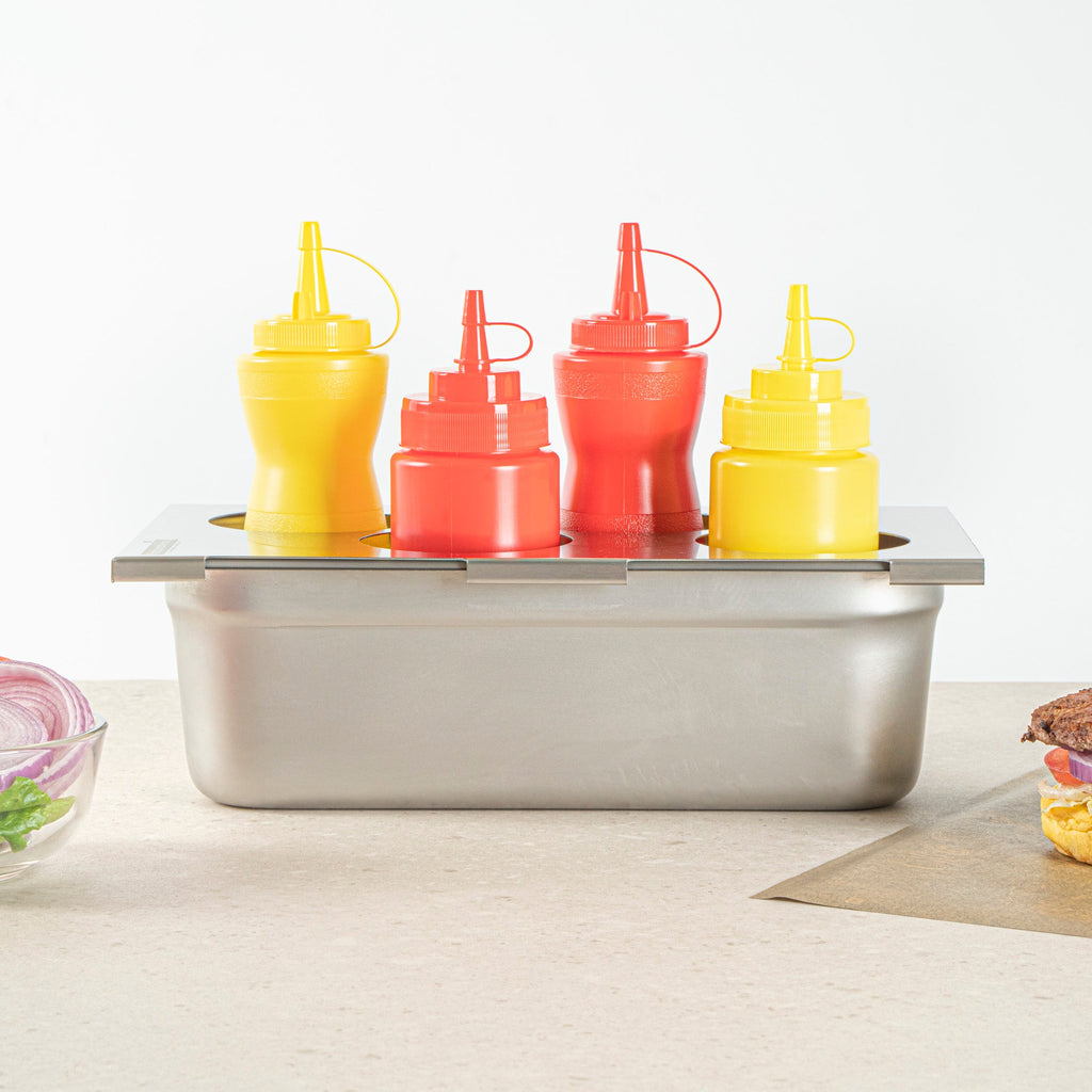 Met Lux Four Hole Stainless Steel Squeeze Bottle Holder Top - Fits 1/3 Size Pans - 12 3/4" x 7" - 1 count box