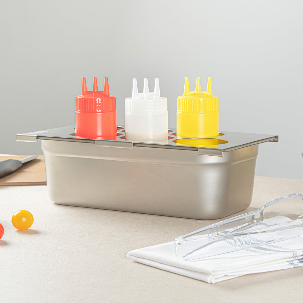 Met Lux Six Hole Stainless Steel Squeeze Bottle Holder Top - Fits 1/3 Size Pans - 12 3/4" x 7" - 1 count box