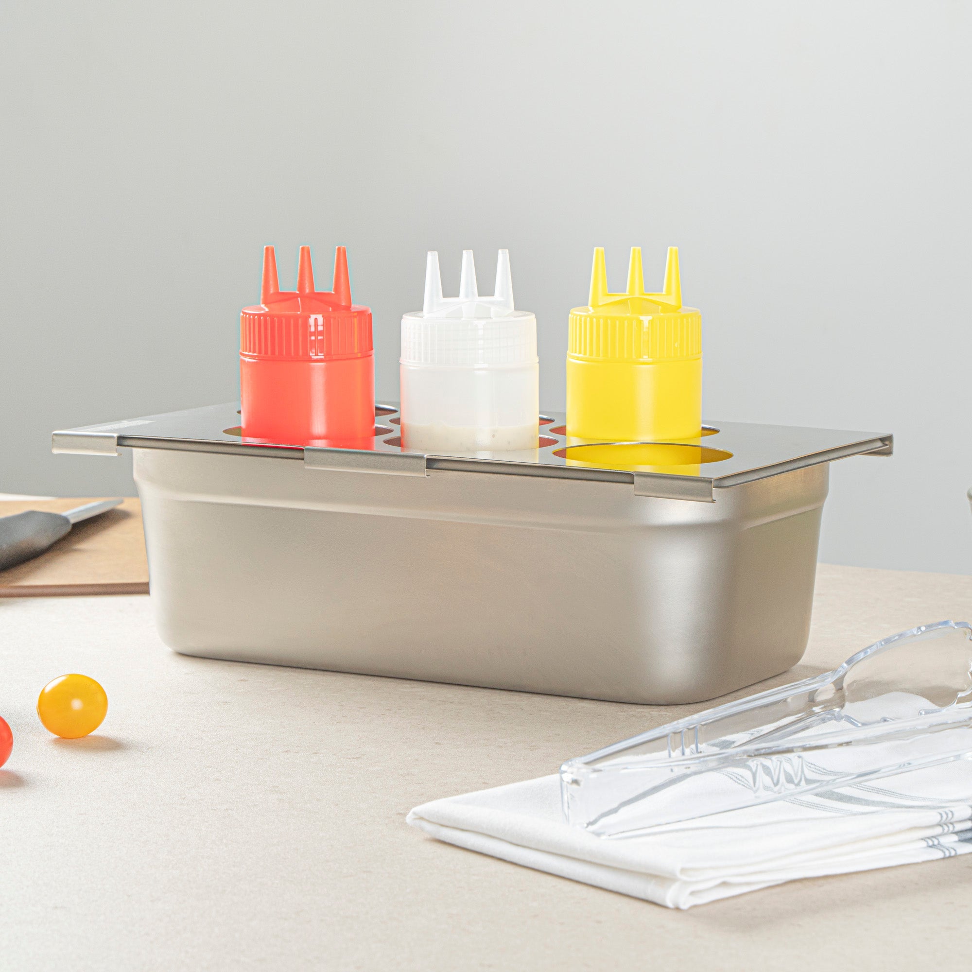 Met Lux Six Hole Stainless Steel Squeeze Bottle Holder Top - Fits 1/3 Size Pans - 12 3/4" x 7" - 1 count box