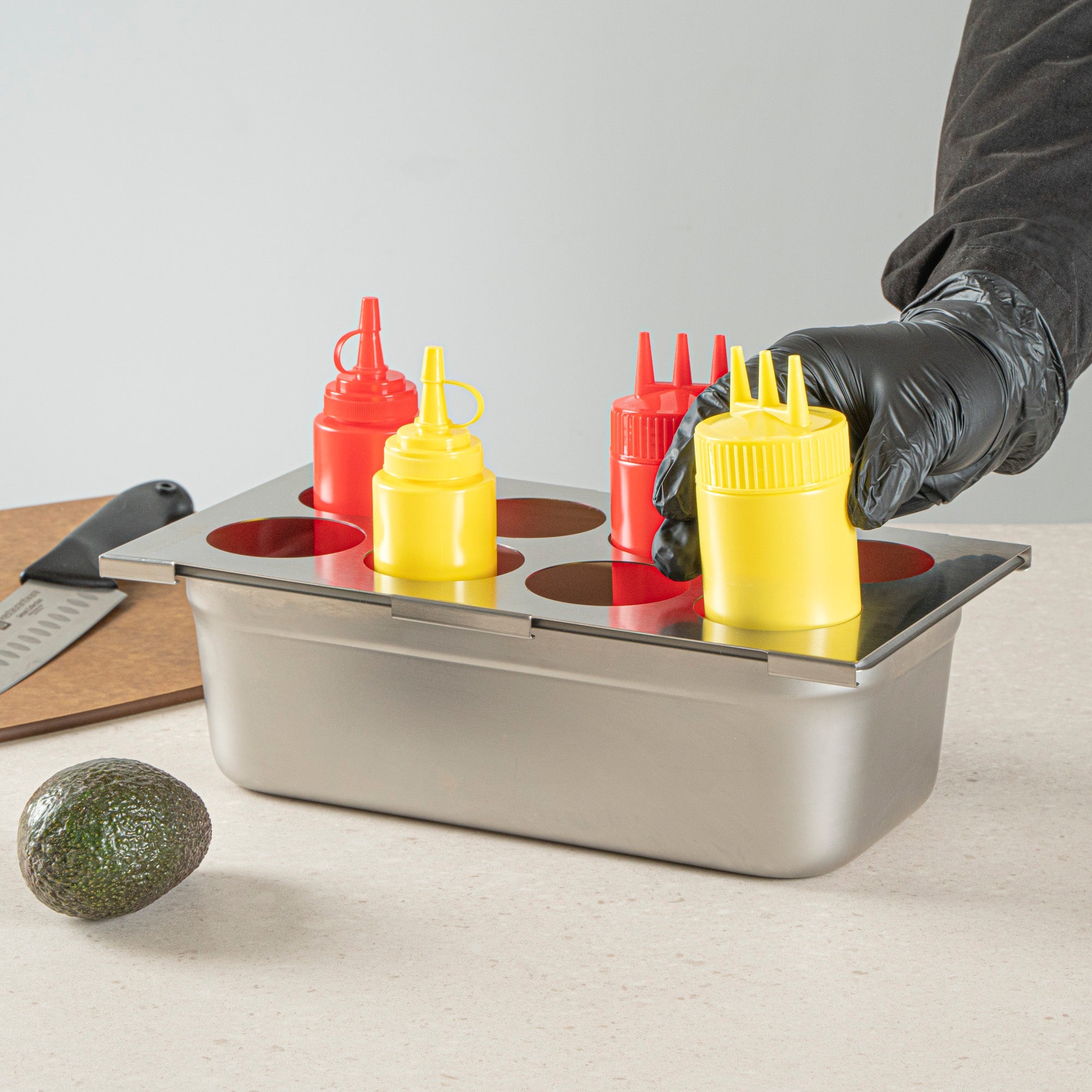 Met Lux Eight Hole Stainless Steel Squeeze Bottle Holder Top - Fits 1/3 Size Pans - 12 3/4" x 7" - 1 count box