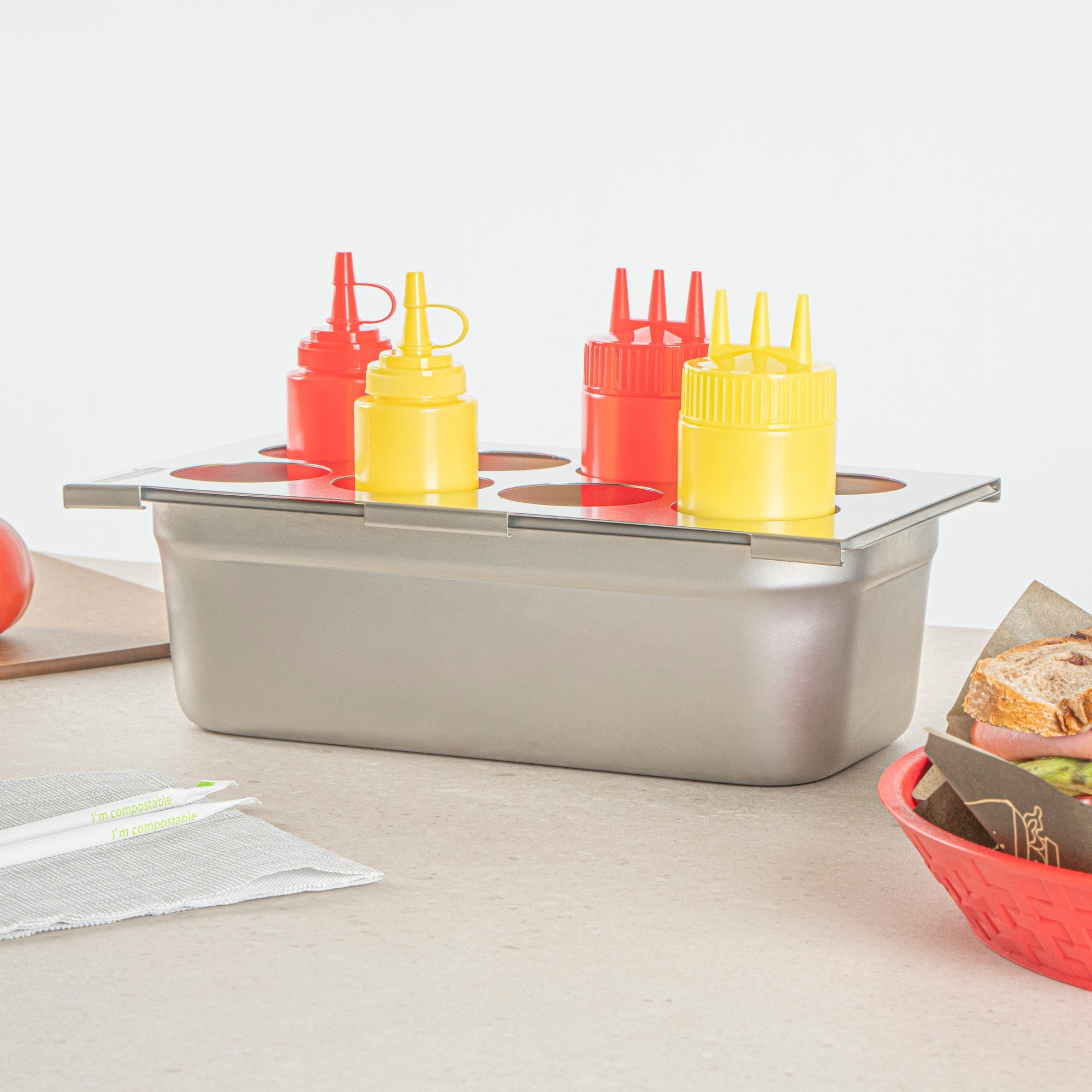 Met Lux Eight Hole Stainless Steel Squeeze Bottle Holder Top - Fits 1/3 Size Pans - 12 3/4" x 7" - 1 count box