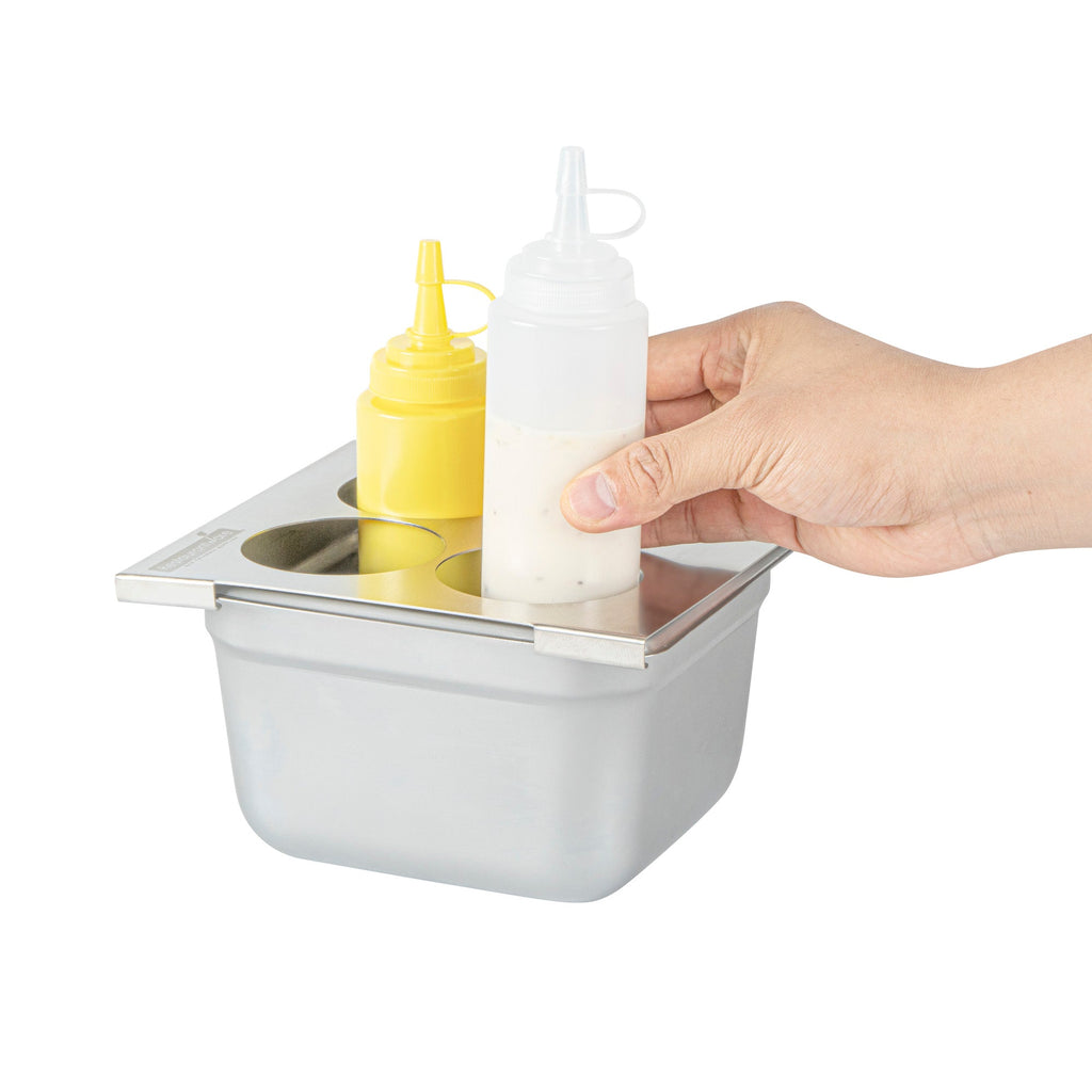Met Lux Four Hole Stainless Steel Squeeze Bottle Holder Top - Fits 1/6 Size Pans - 6 1/4" x 7" - 1 count box