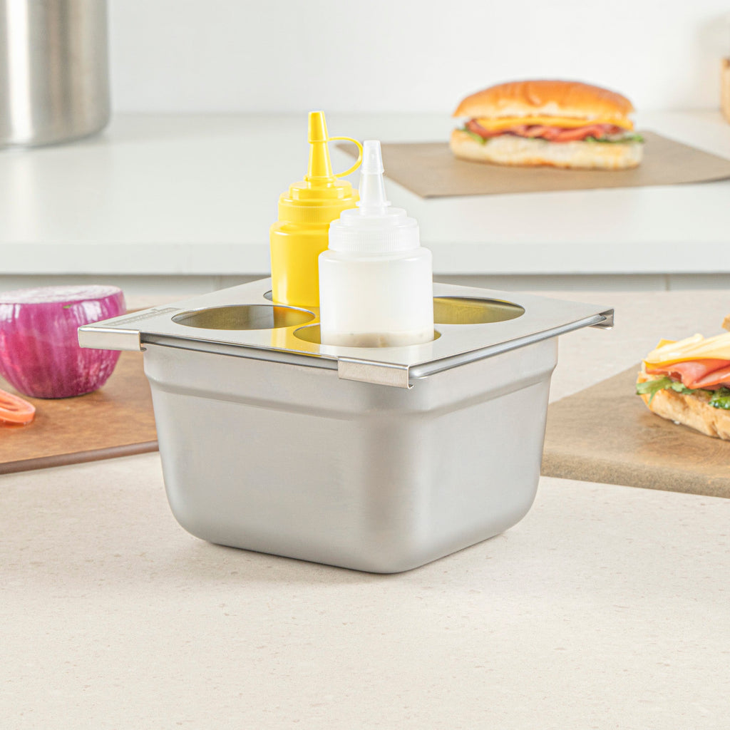 Met Lux Four Hole Stainless Steel Squeeze Bottle Holder Top - Fits 1/6 Size Pans - 6 1/4" x 7" - 1 count box