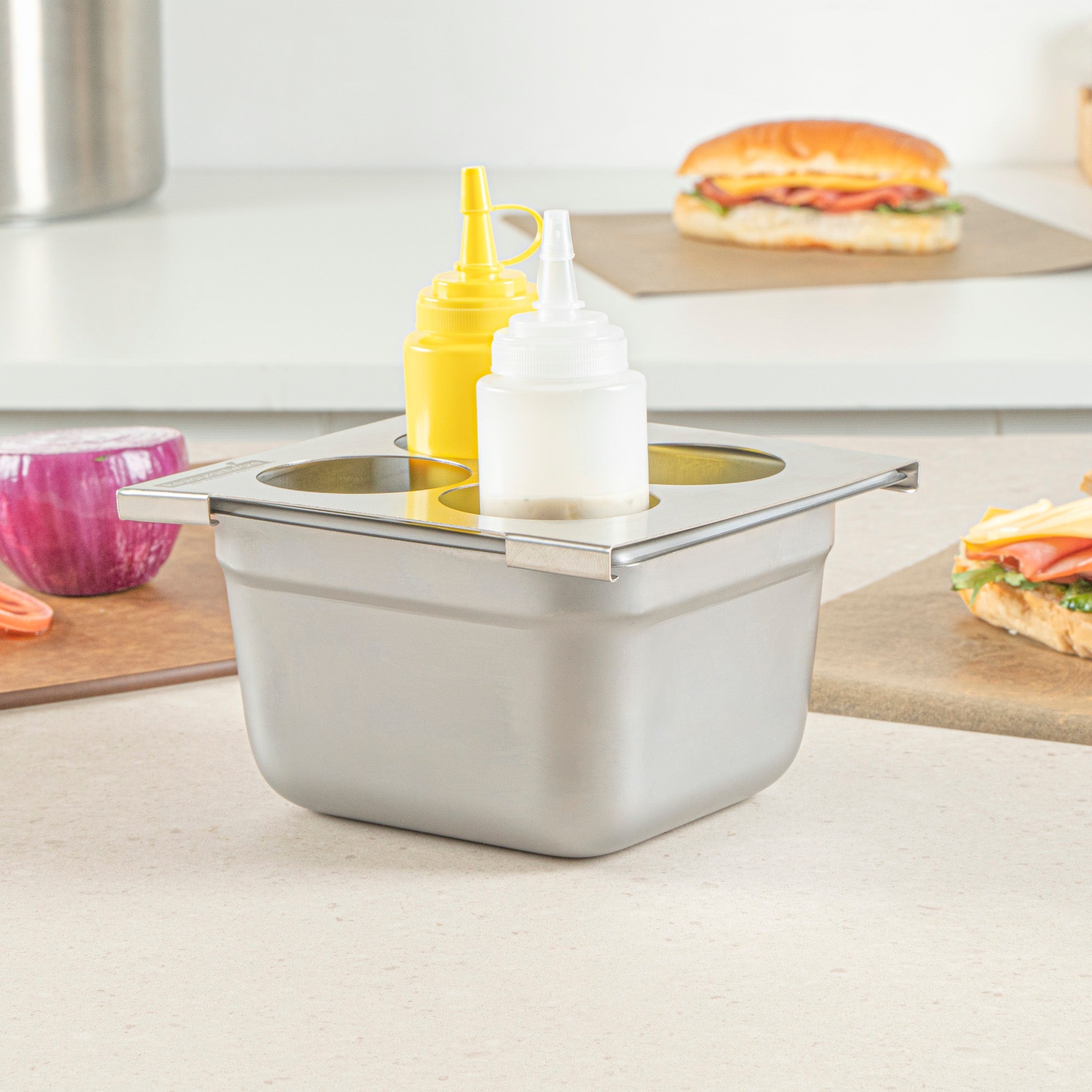 Met Lux Four Hole Stainless Steel Squeeze Bottle Holder Top - Fits 1/6 Size Pans - 6 1/4" x 7" - 1 count box