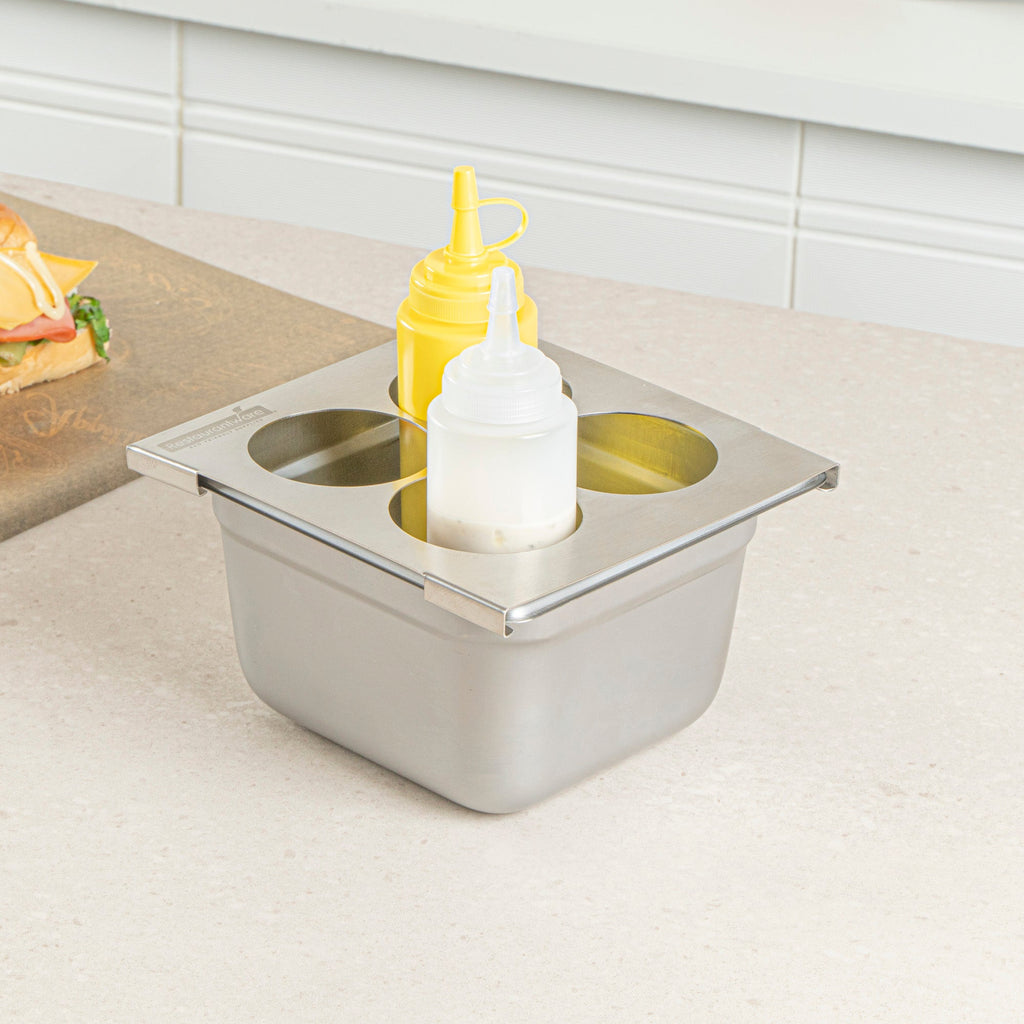 Met Lux Four Hole Stainless Steel Squeeze Bottle Holder Top - Fits 1/6 Size Pans - 6 1/4" x 7" - 1 count box