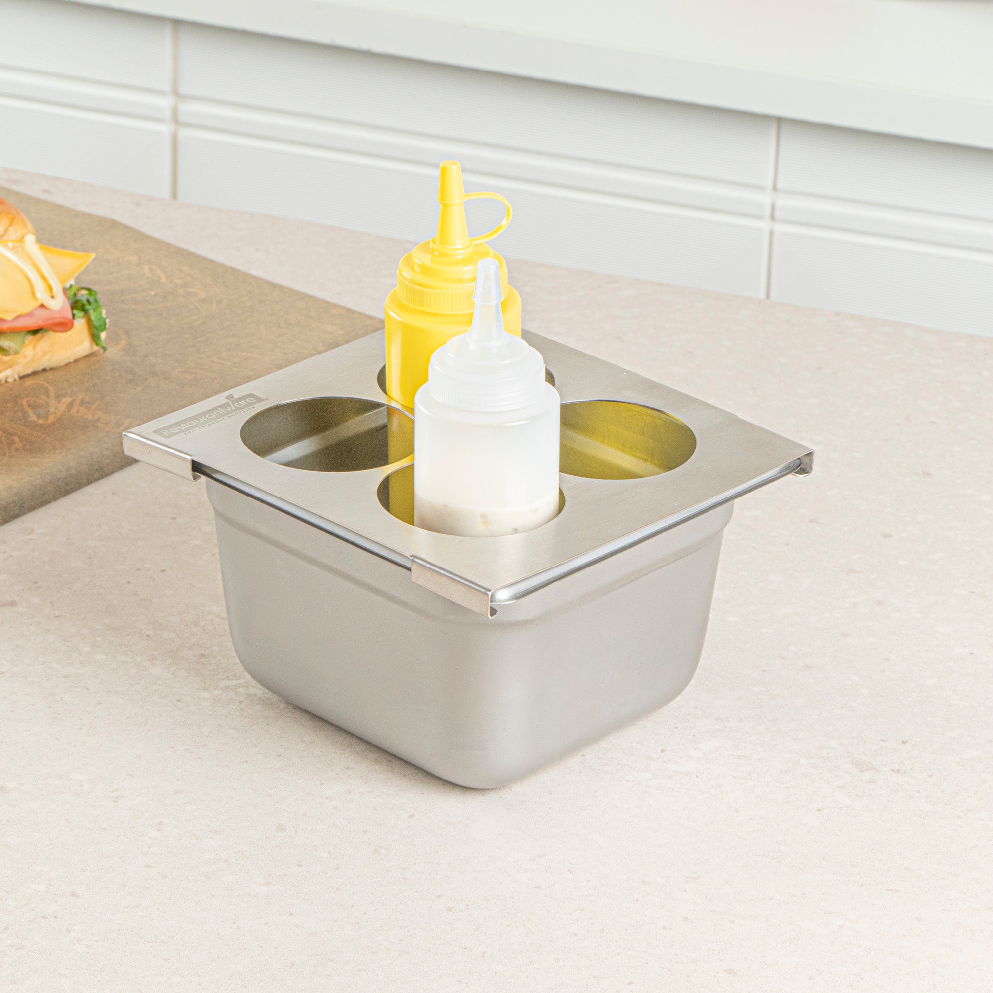 Met Lux Four Hole Stainless Steel Squeeze Bottle Holder Top - Fits 1/6 Size Pans - 6 1/4" x 7" - 1 count box