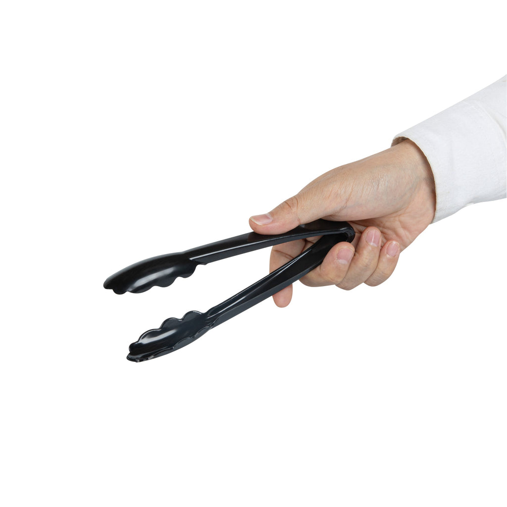 Cater Tek Black Heavy-Duty Disposable Plastic Tongs - Scalloped - 7 1/2" - 100 count box