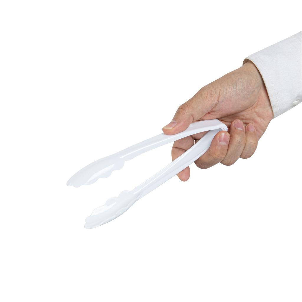 Cater Tek White Heavy-Duty Disposable Plastic Tongs - Scalloped - 7 1/2" - 100 count box
