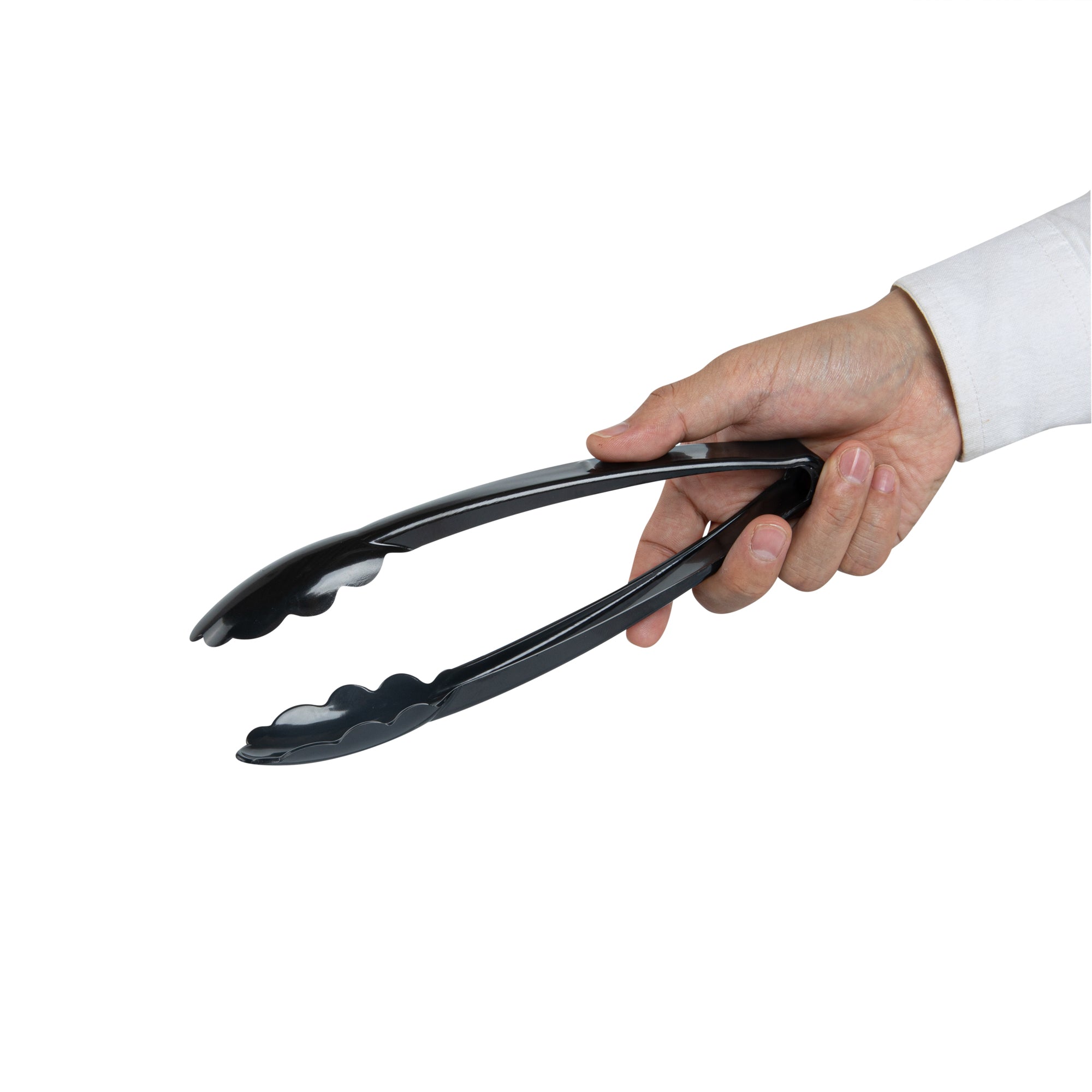 Cater Tek Black Heavy-Duty Disposable Plastic Tongs - Scalloped - 9" - 100 count box