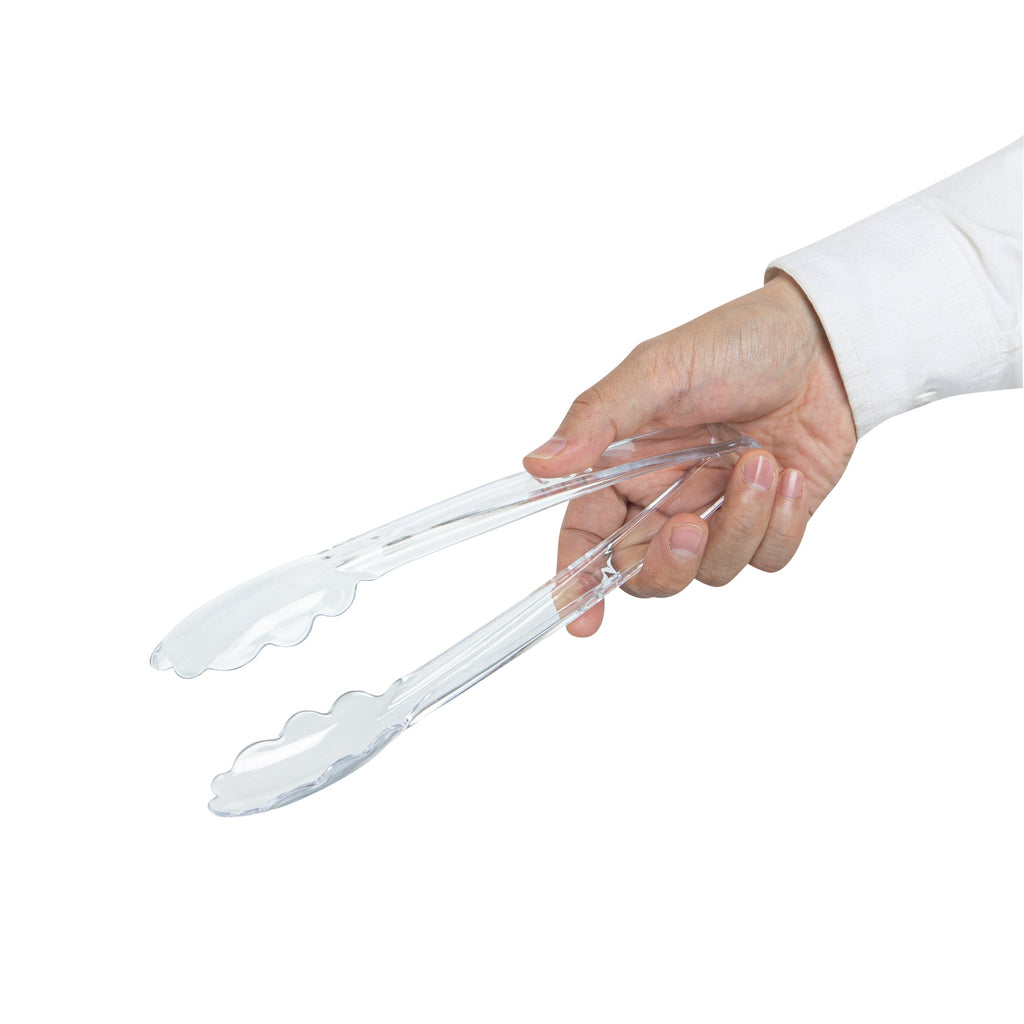 Cater Tek Clear Heavy-Duty Disposable Plastic Tongs - Scalloped - 9" - 10 count box