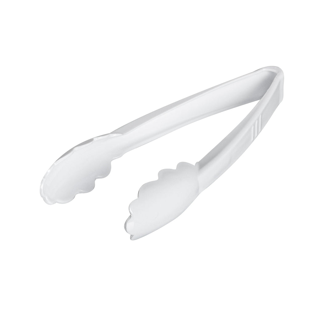 Cater Tek White Heavy-Duty Disposable Plastic Tongs - Scalloped - 9" - 100 count box