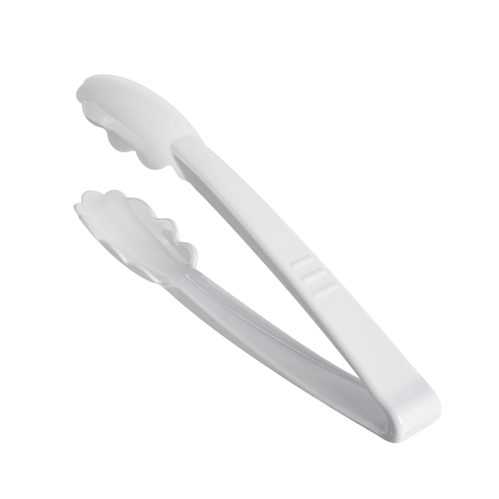 Cater Tek White Heavy-Duty Disposable Plastic Tongs - Scalloped - 9" - 100 count box