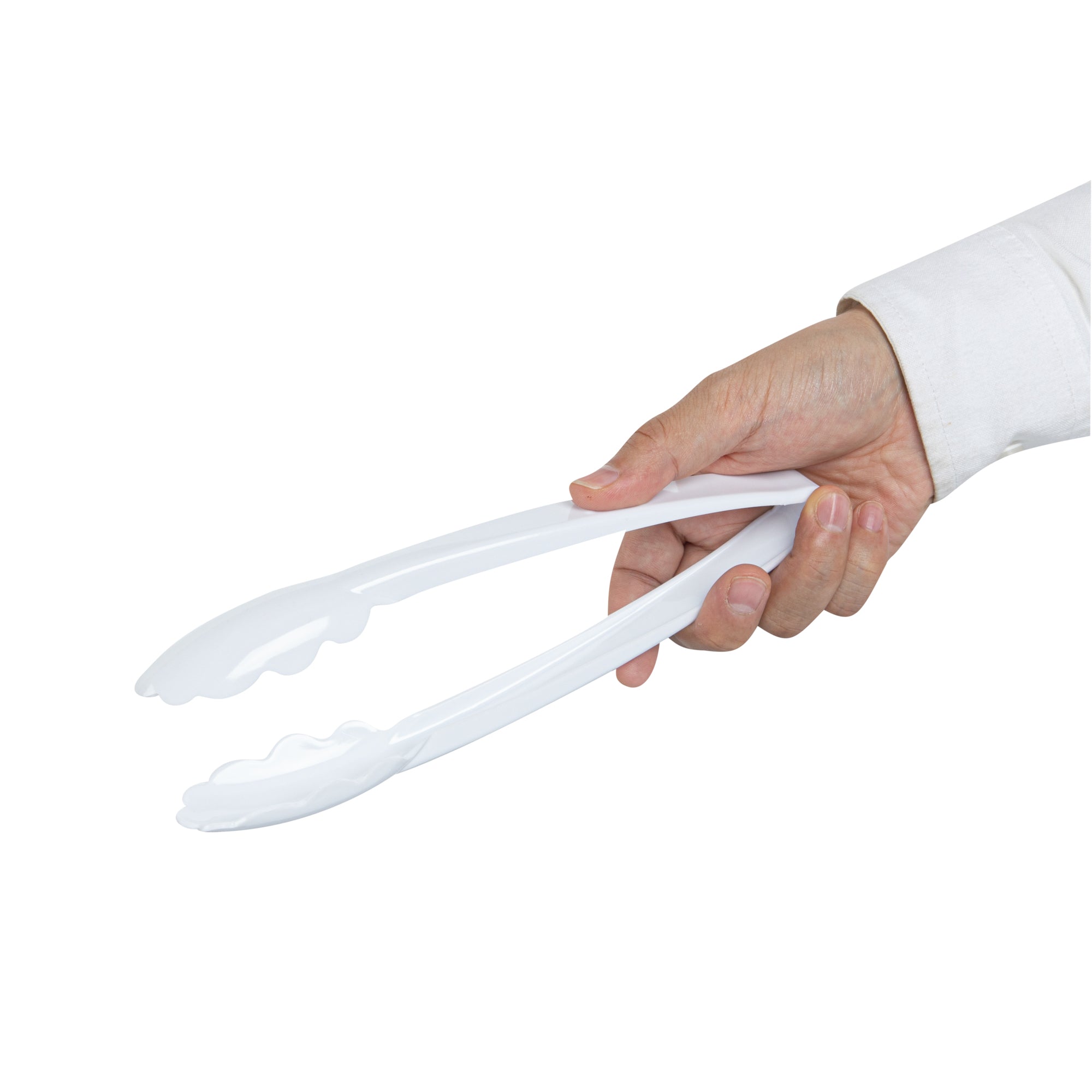 Cater Tek White Heavy-Duty Disposable Plastic Tongs - Scalloped - 9" - 100 count box