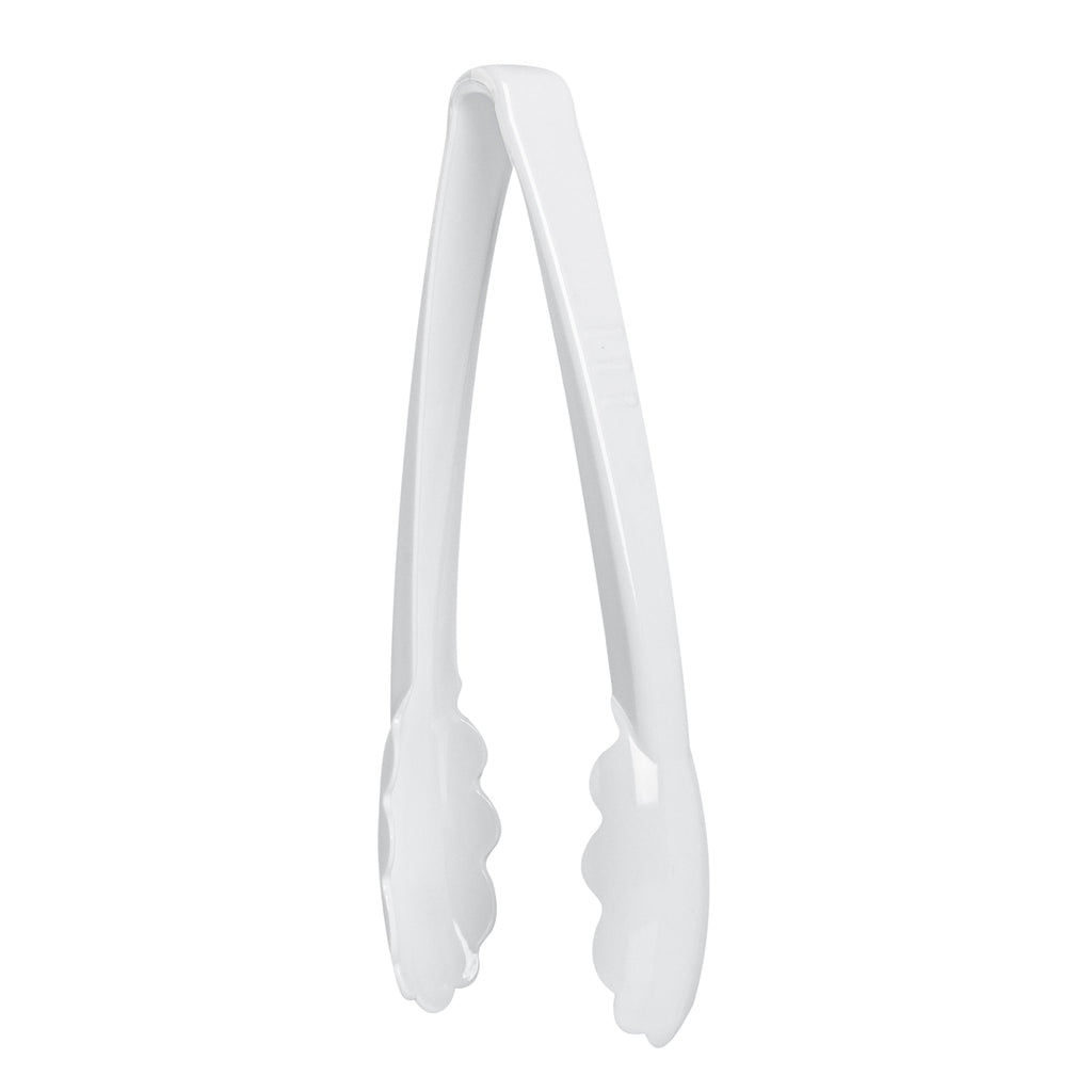 Cater Tek White Heavy-Duty Disposable Plastic Tongs - Scalloped - 9" - 100 count box