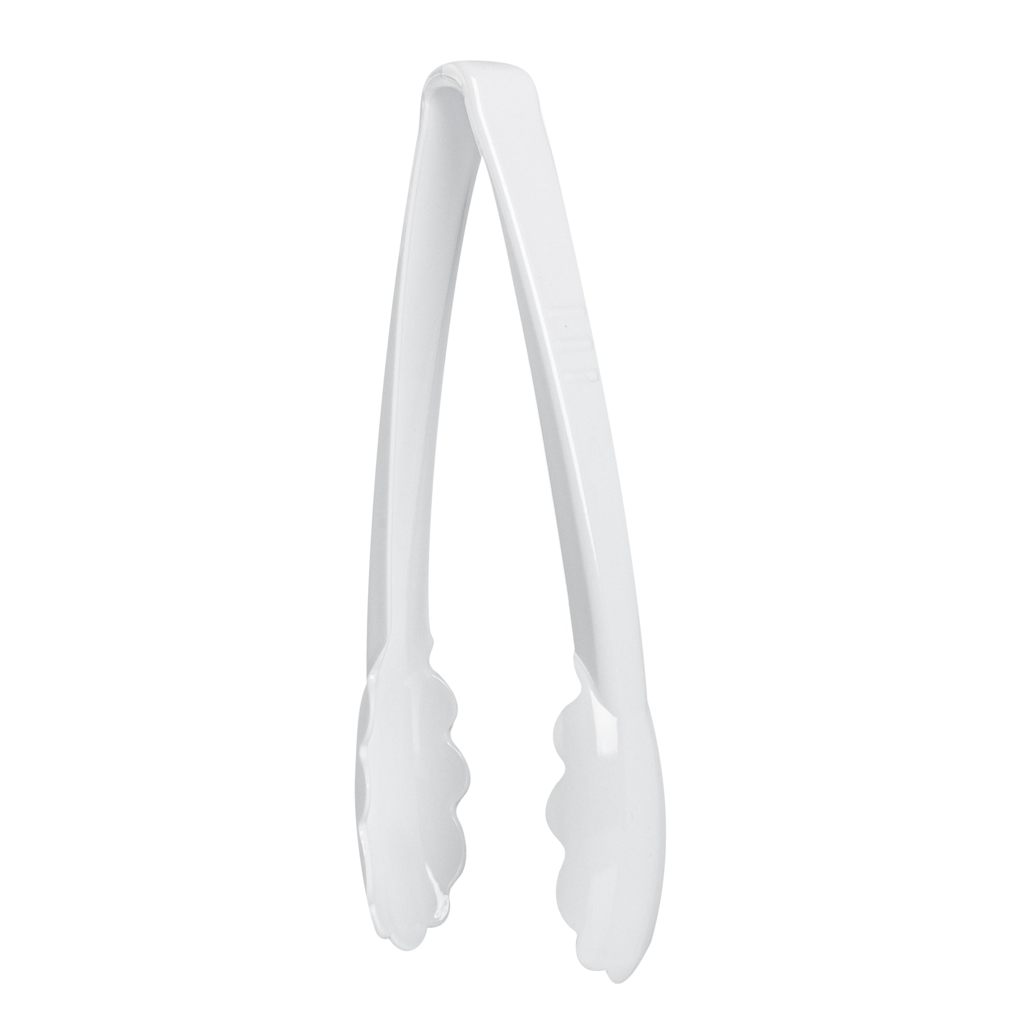 Cater Tek White Heavy-Duty Disposable Plastic Tongs - Scalloped - 9" - 100 count box
