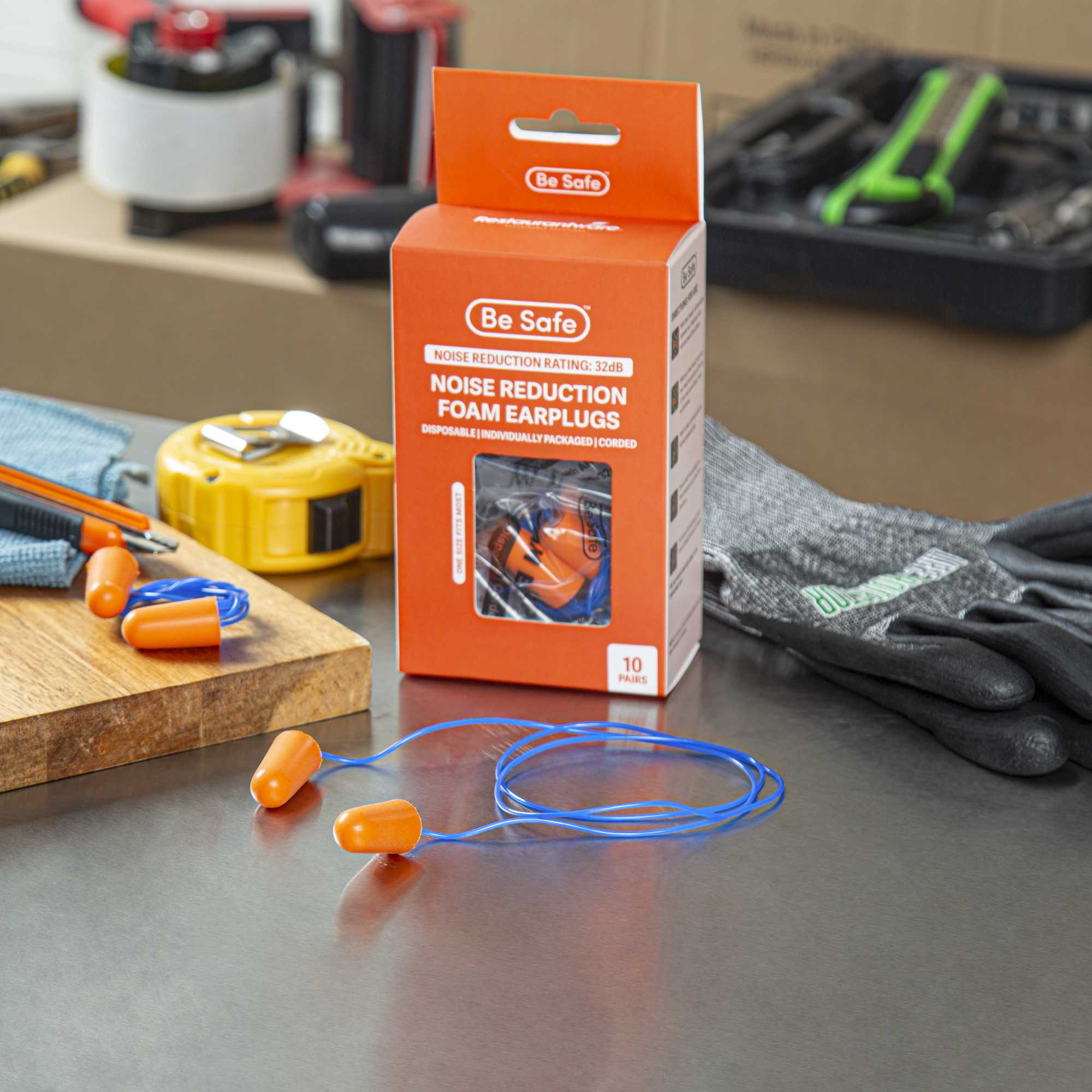 Be Safe Orange and Blue Corded Foam Earplugs - 10 pairs