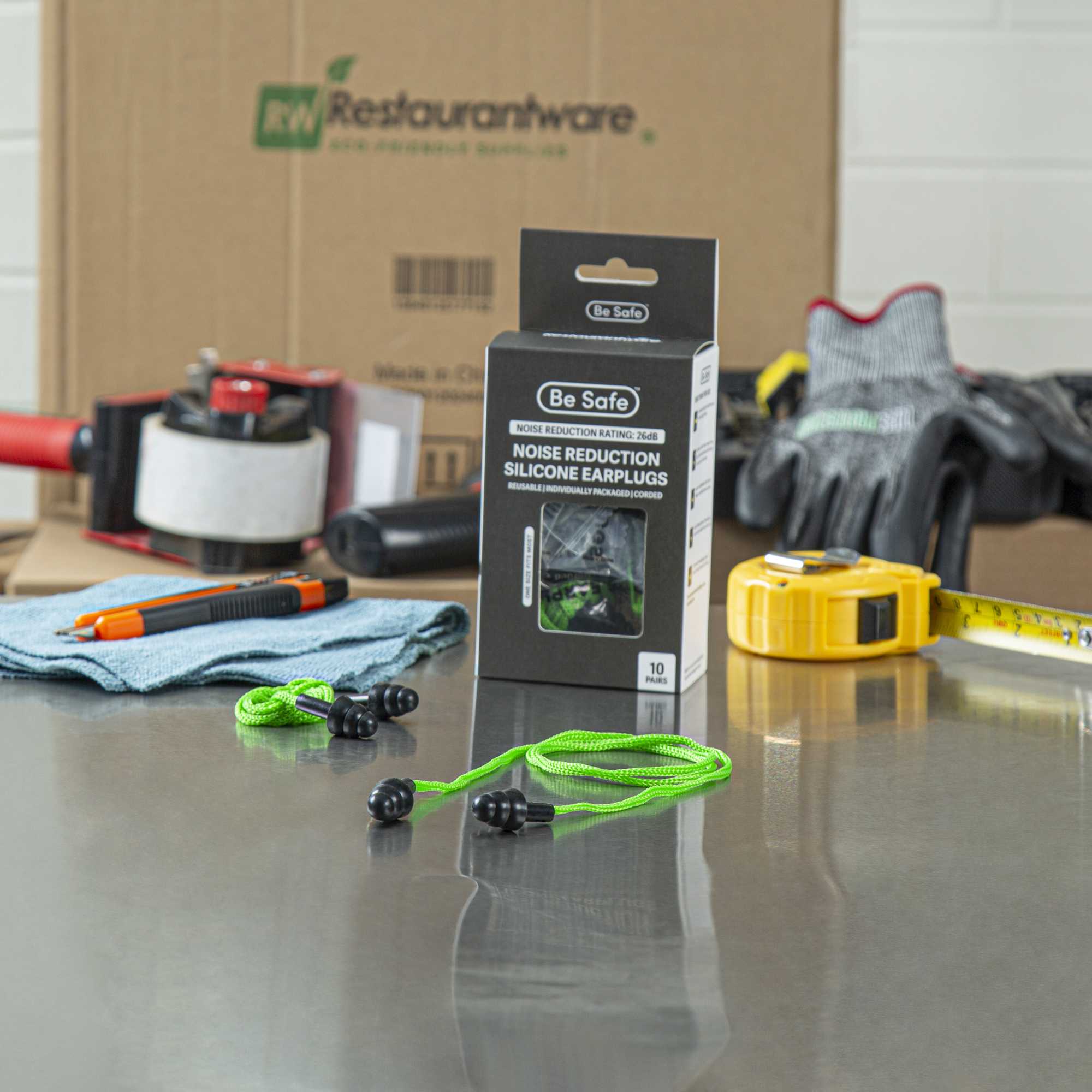 Be Safe Black and Green Silicone Corded Earplugs - 10 pairs