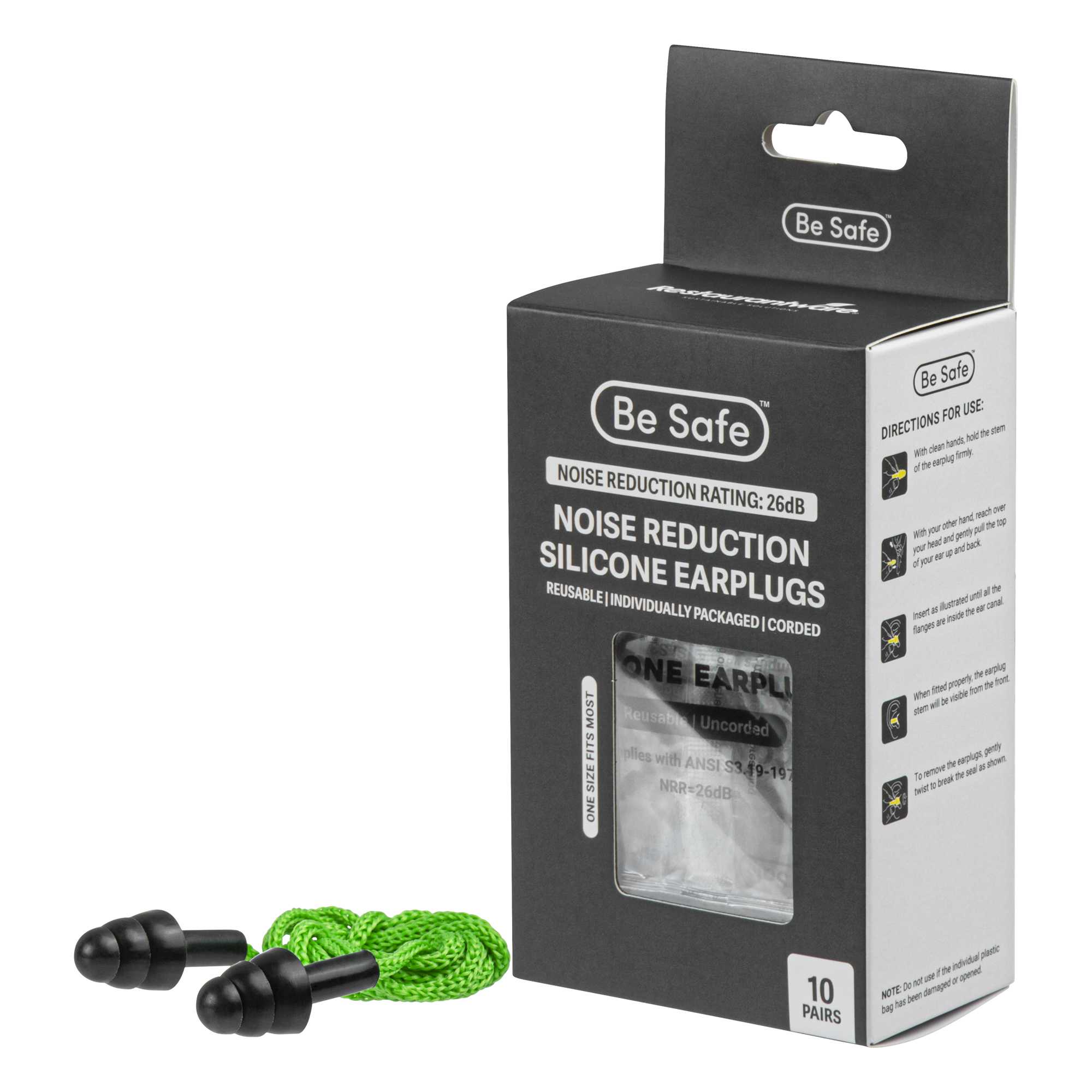 Be Safe Black and Green Silicone Corded Earplugs - 200 pairs