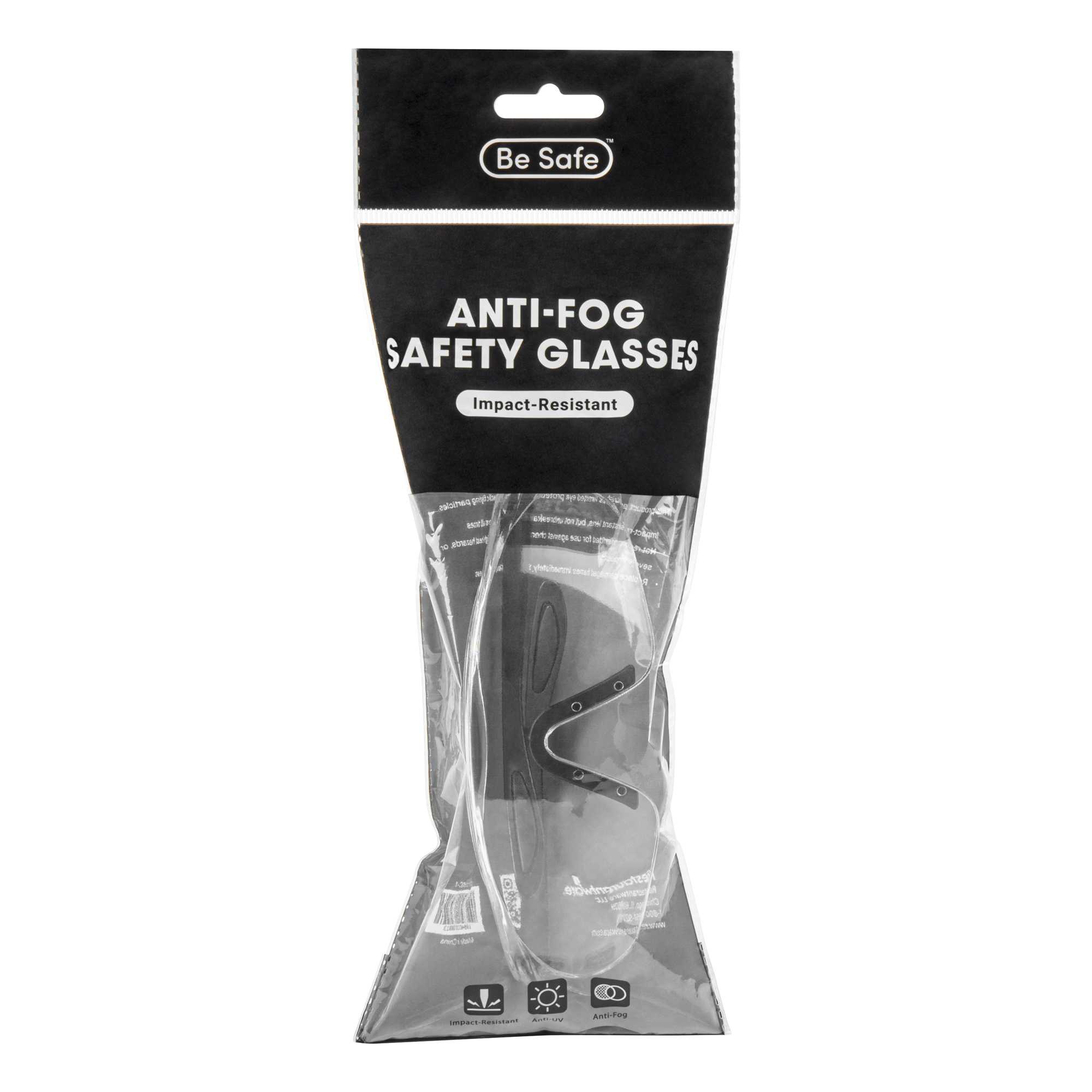 Be Safe Safety Glasses - Anti-Fog, Black with Clear Lens - 1 count box