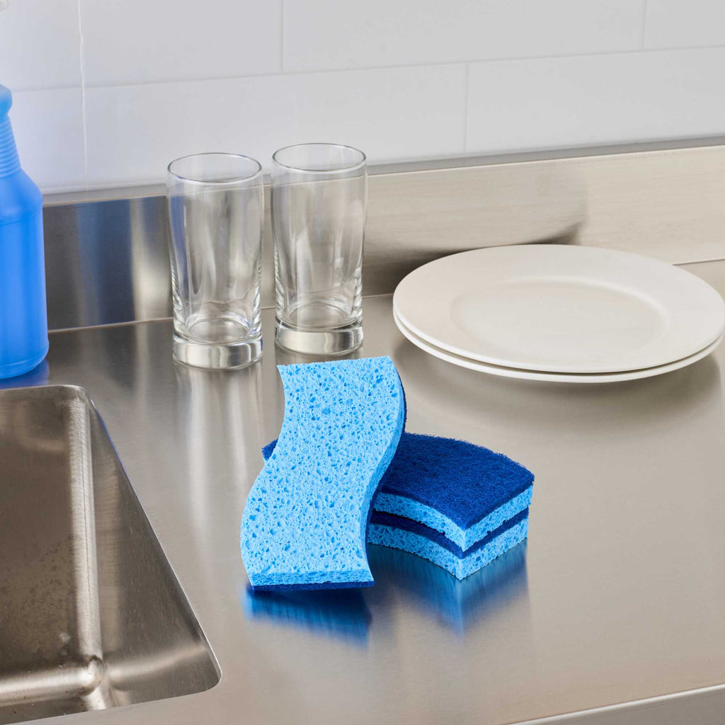 Clean Tek Professional Light Blue Cellulose Sponge / Dark Blue Medium-Duty Scouring Pad Combo - 6" x 3 1/2" x 3/4" - 3 count box