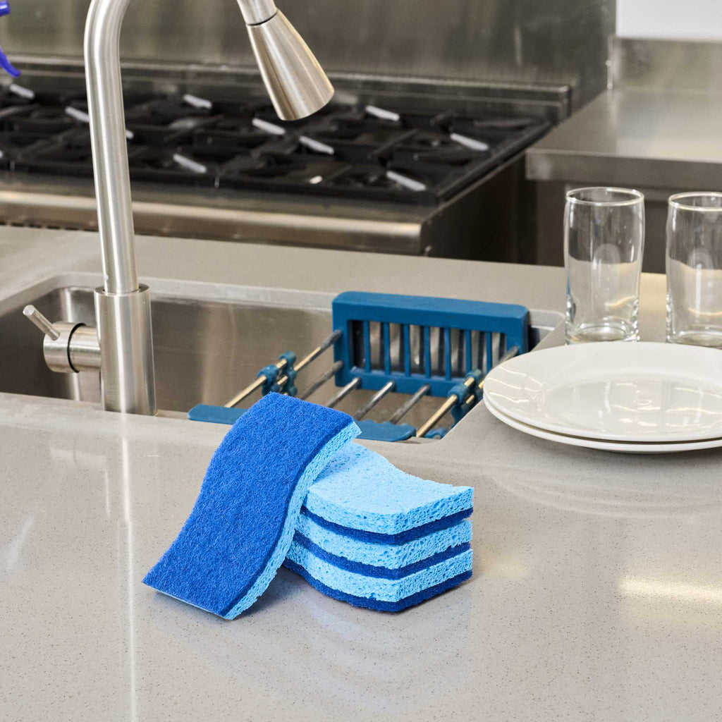 Clean Tek Professional Light Blue Cellulose Sponge / Dark Blue Medium-Duty Scouring Pad Combo - 6" x 3 1/2" x 3/4" - 3 count box