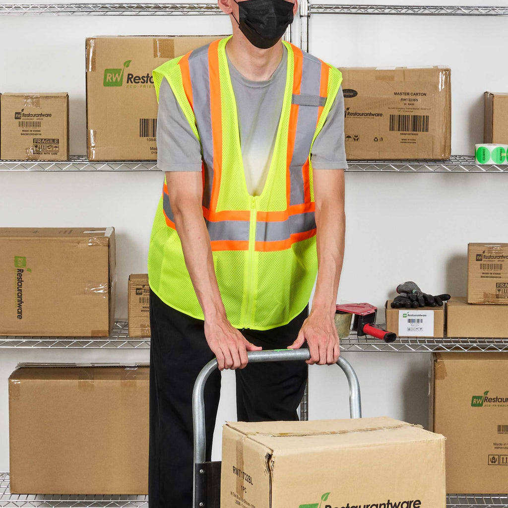 Be Safe Type R Class 2 Lime S/M High Visibility X-Back Reflective Tape Mesh Safety Vest - Zipper Closure - 1 count box