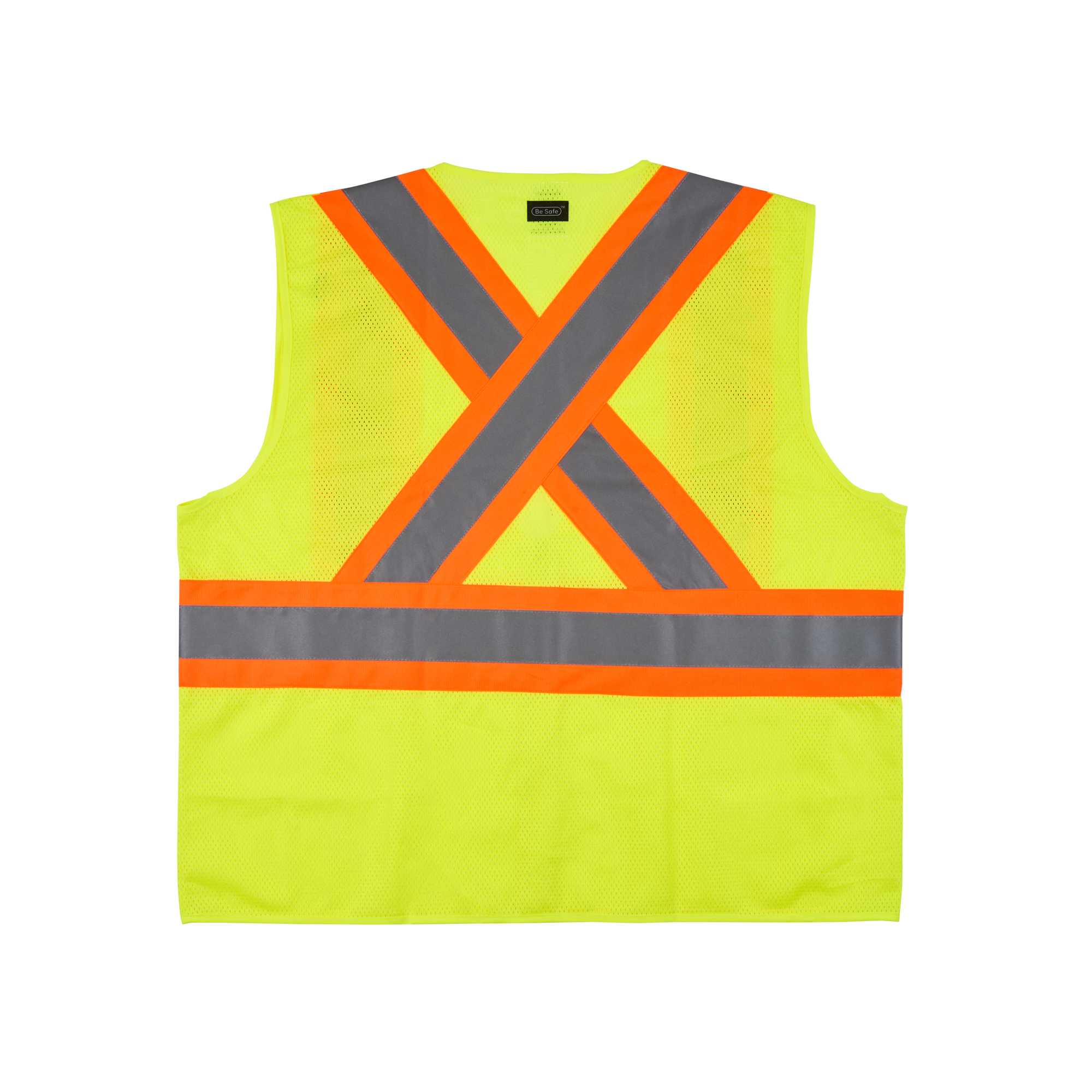 Be Safe Type R Class 2 Lime S/M High Visibility X-Back Reflective Tape Mesh Safety Vest - Zipper Closure - 20 count box